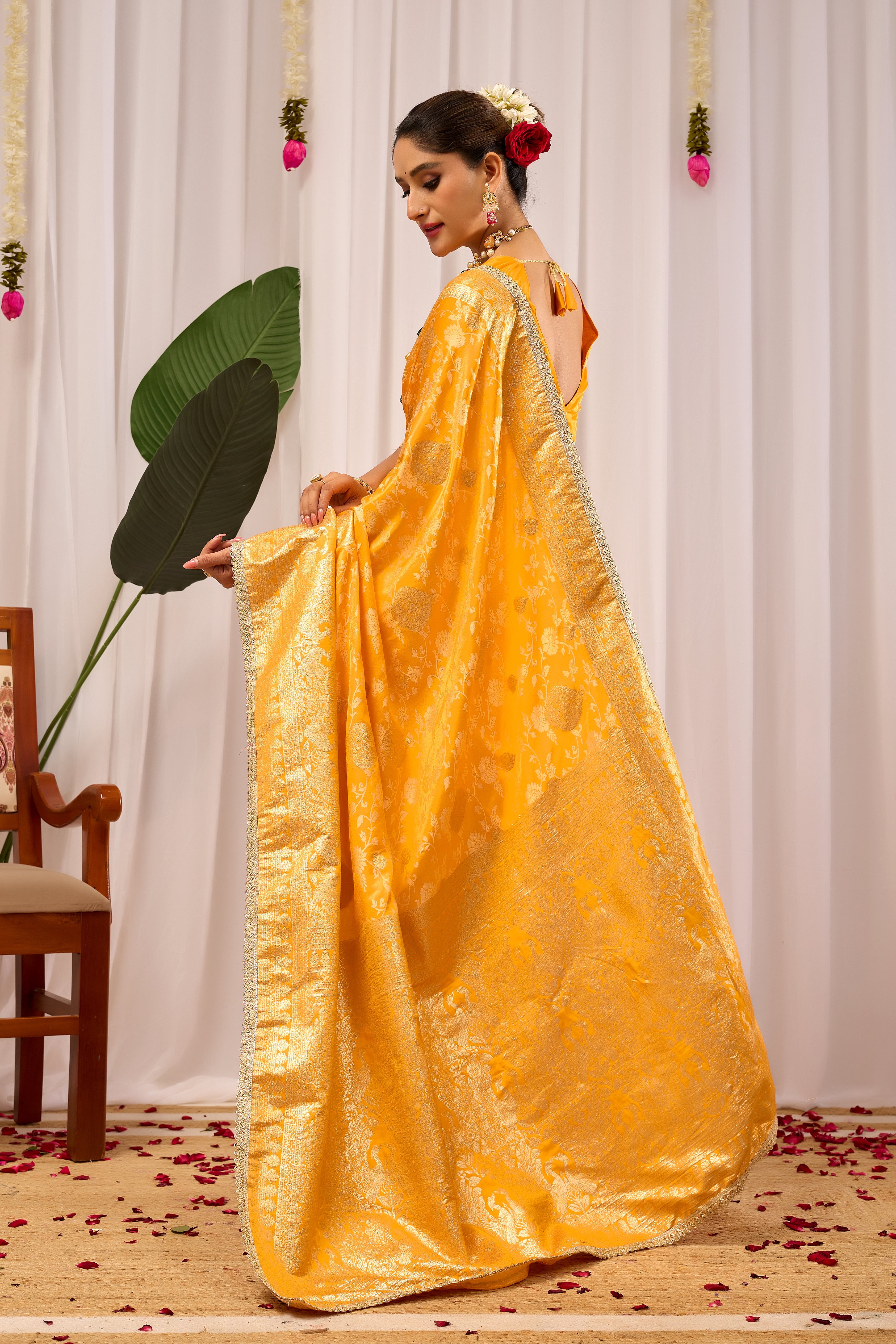 Golden Mustard Heritage Floral Saree in Luxurious Silk Blend with Intricate Zari Border and Timeless Ethnic Elegance