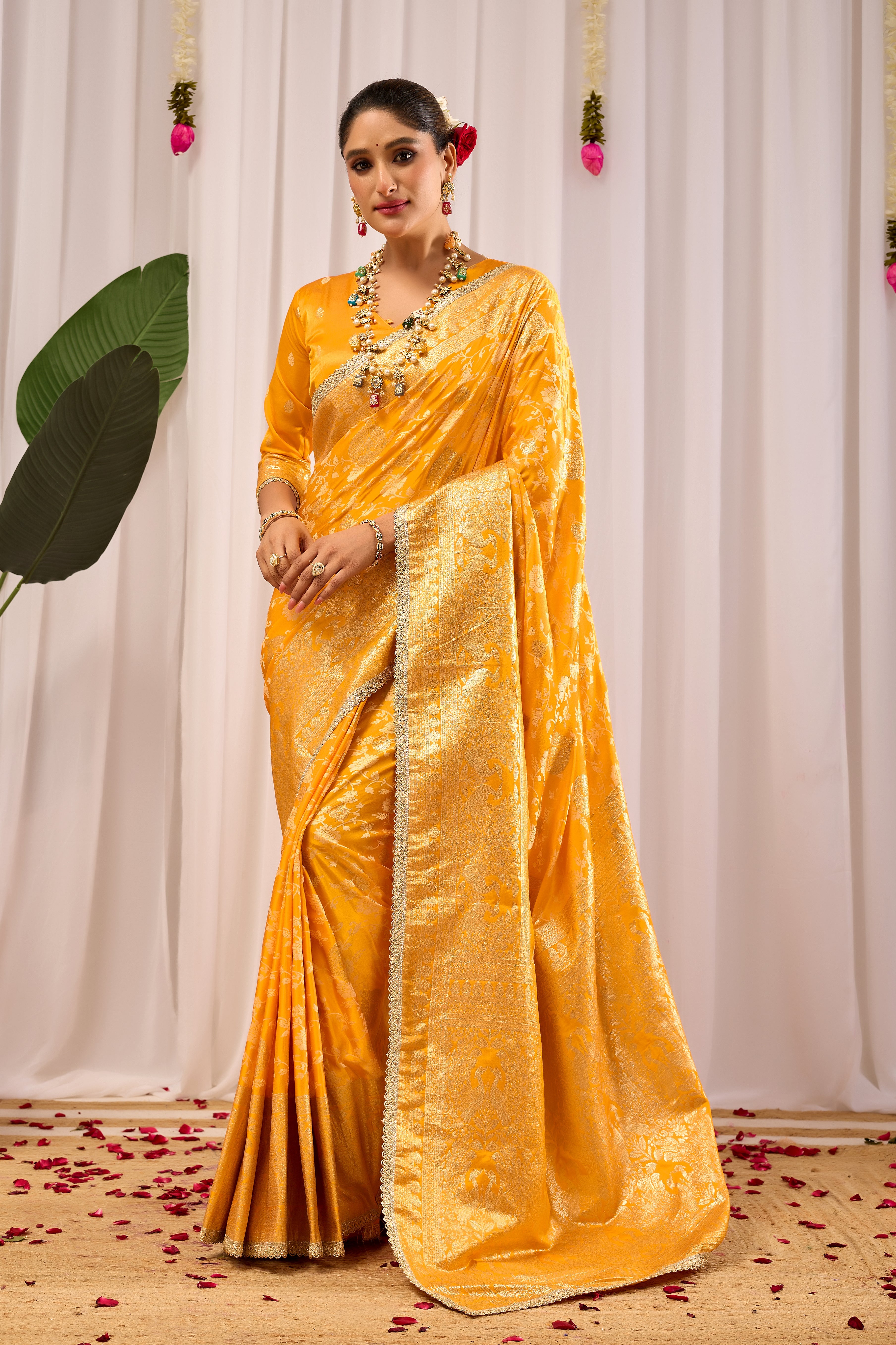 Golden Mustard Heritage Floral Saree in Luxurious Silk Blend with Intricate Zari Border and Timeless Ethnic Elegance