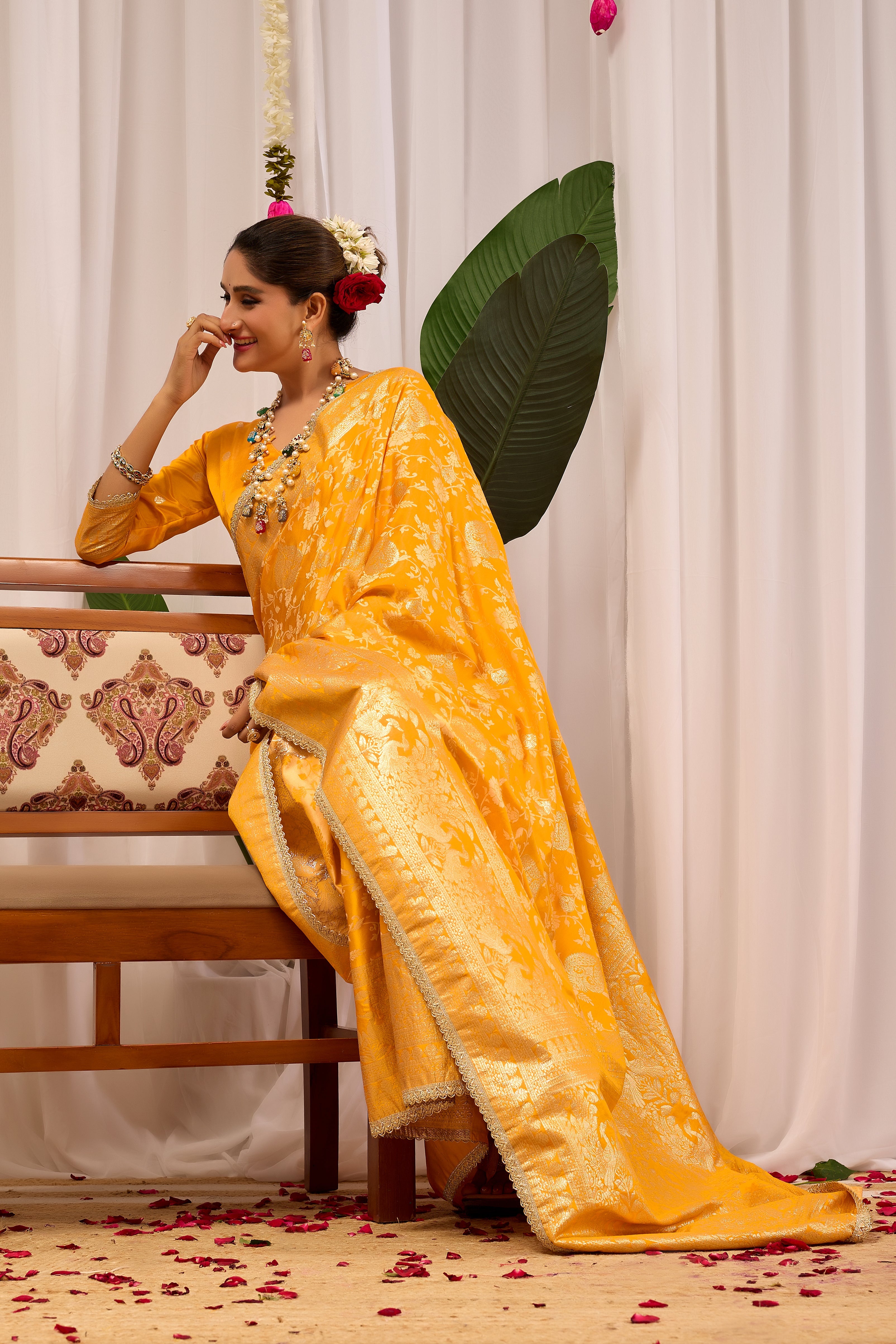 Golden Mustard Heritage Floral Saree in Luxurious Silk Blend with Intricate Zari Border and Timeless Ethnic Elegance