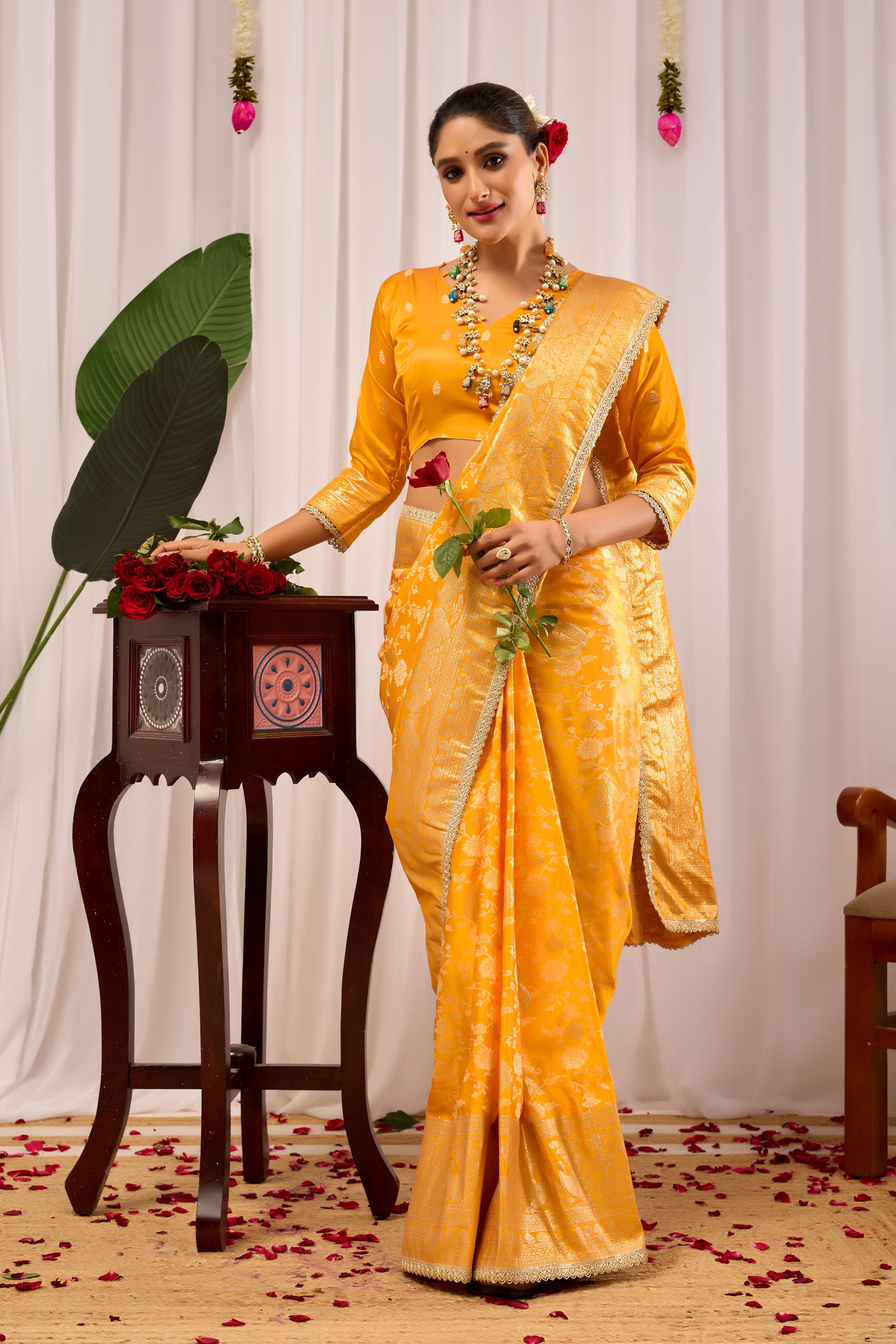 Golden Mustard Heritage Floral Saree in Luxurious Silk Blend with Intricate Zari Border and Timeless Ethnic Elegance