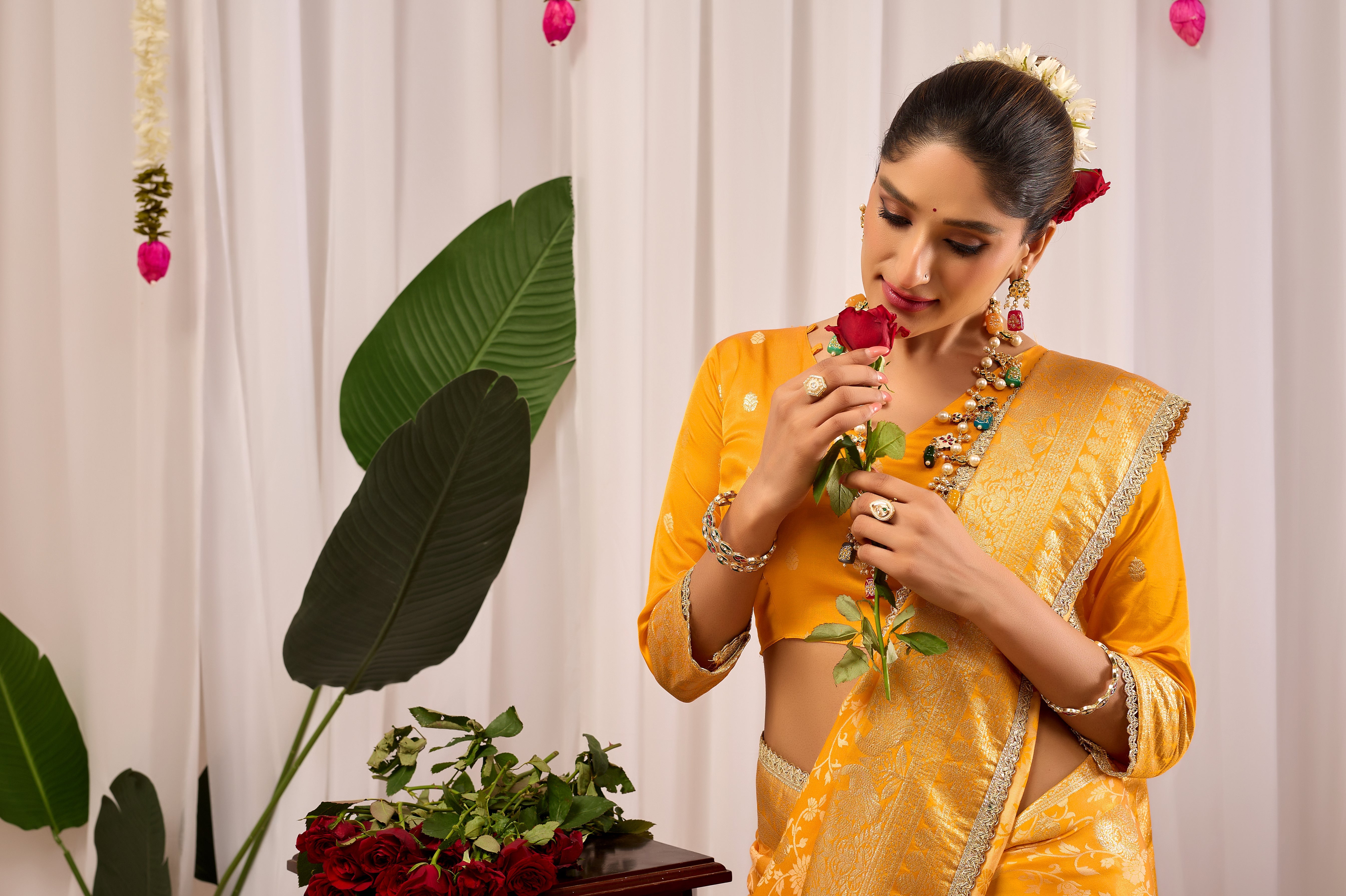 Golden Mustard Heritage Floral Saree in Luxurious Silk Blend with Intricate Zari Border and Timeless Ethnic Elegance