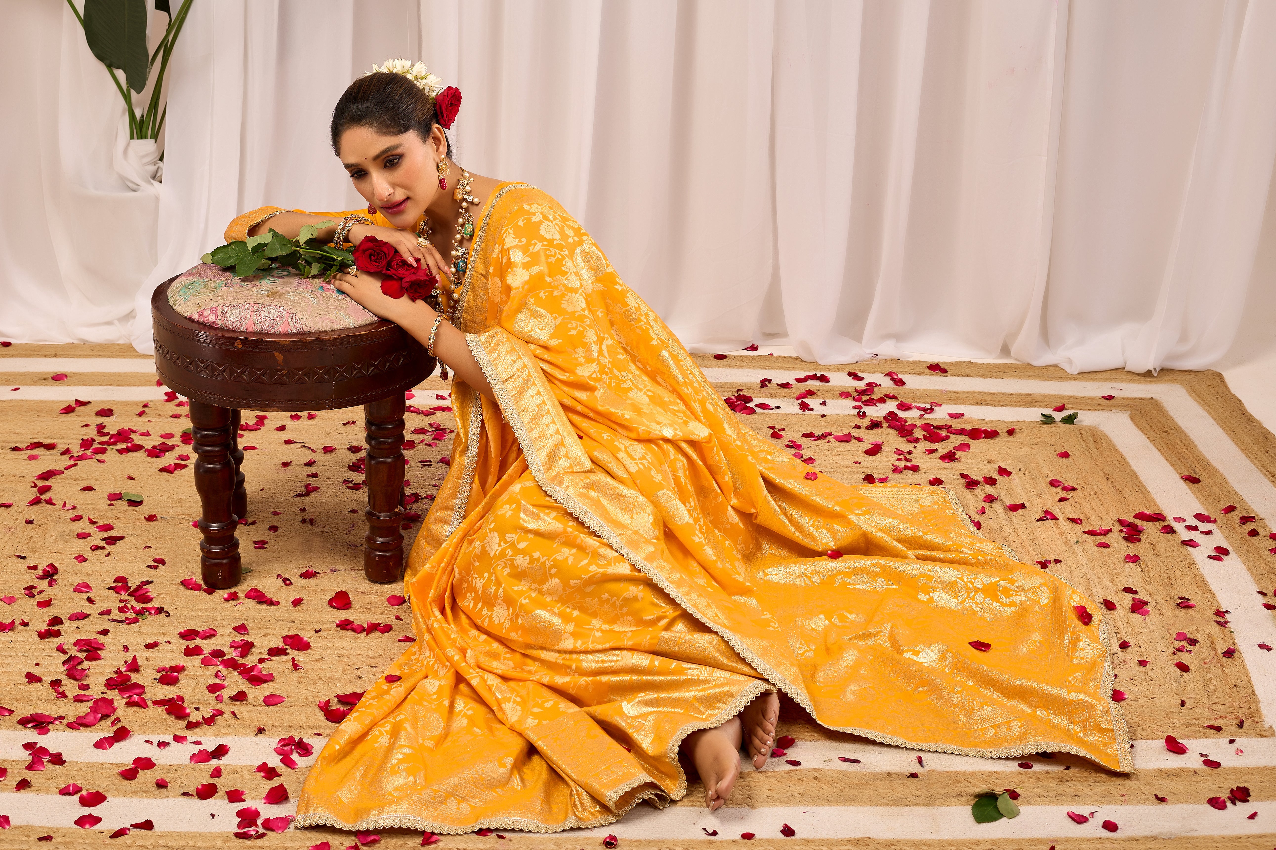 Golden Mustard Heritage Floral Saree in Luxurious Silk Blend with Intricate Zari Border and Timeless Ethnic Elegance