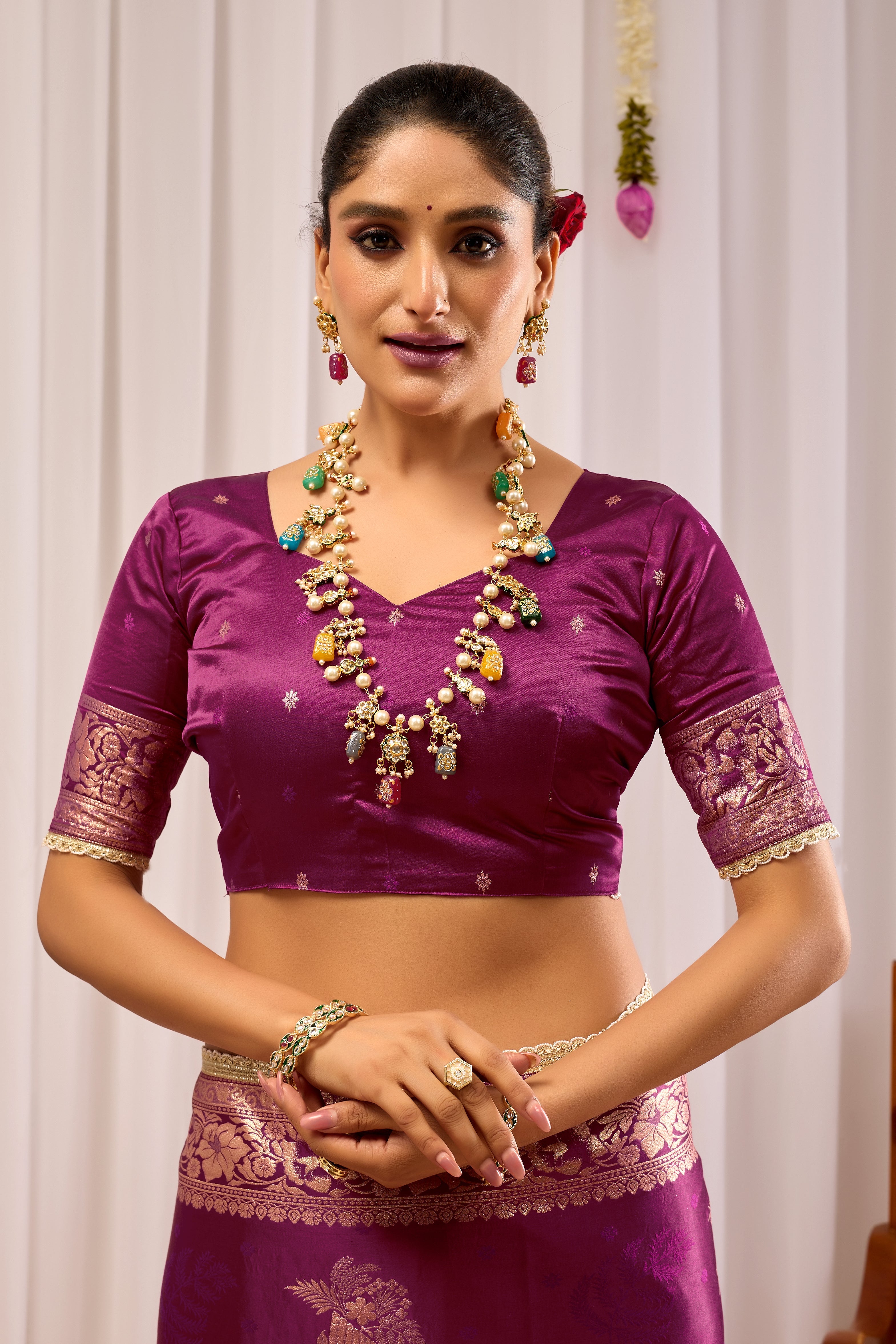 Royal Wine Purple Heritage Floral Saree in Luxurious Silk Blend with Rich Gold Zari Border and Timeless Traditional Elegance