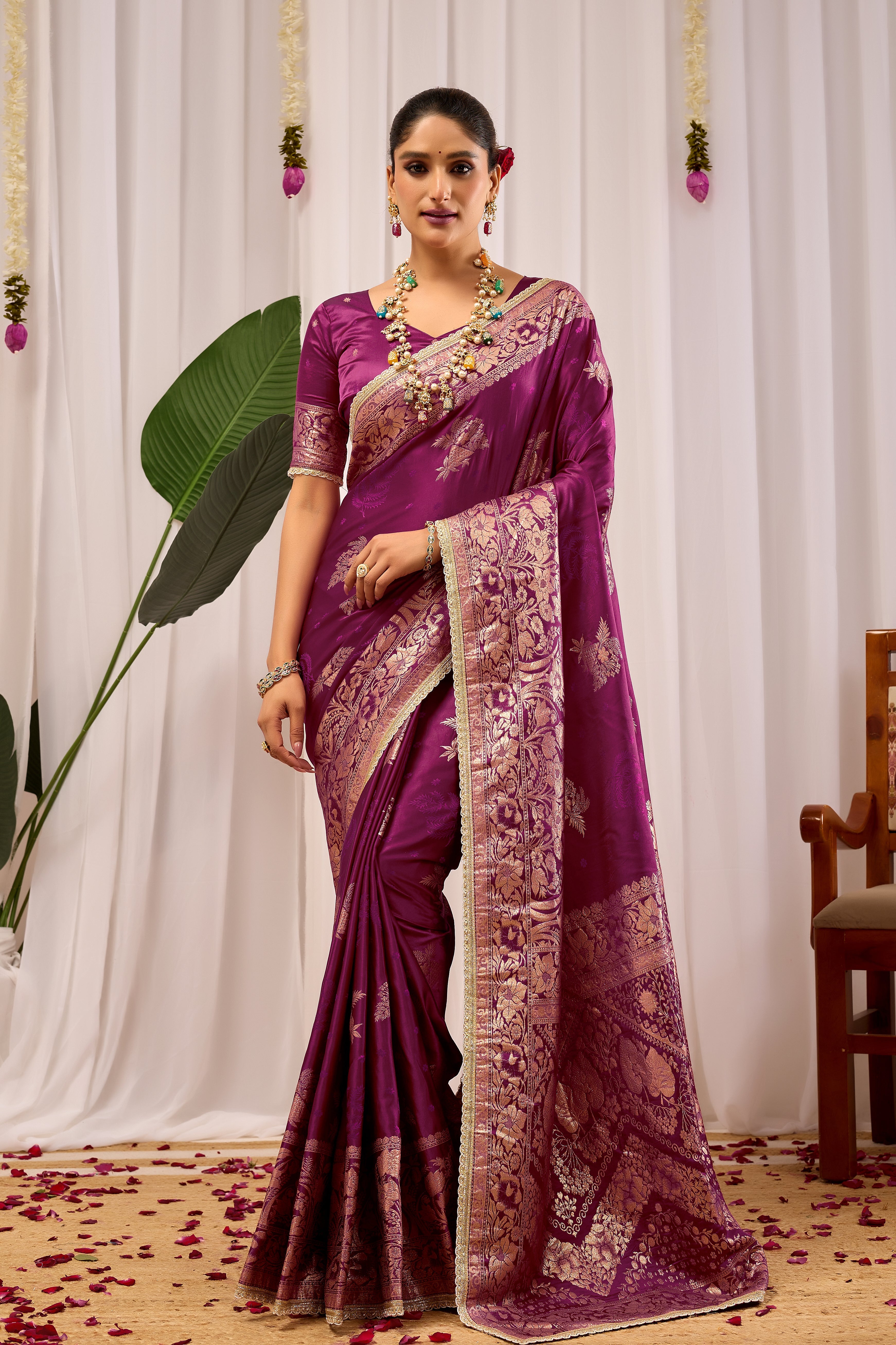Royal Wine Purple Heritage Floral Saree in Luxurious Silk Blend with Rich Gold Zari Border and Timeless Traditional Elegance
