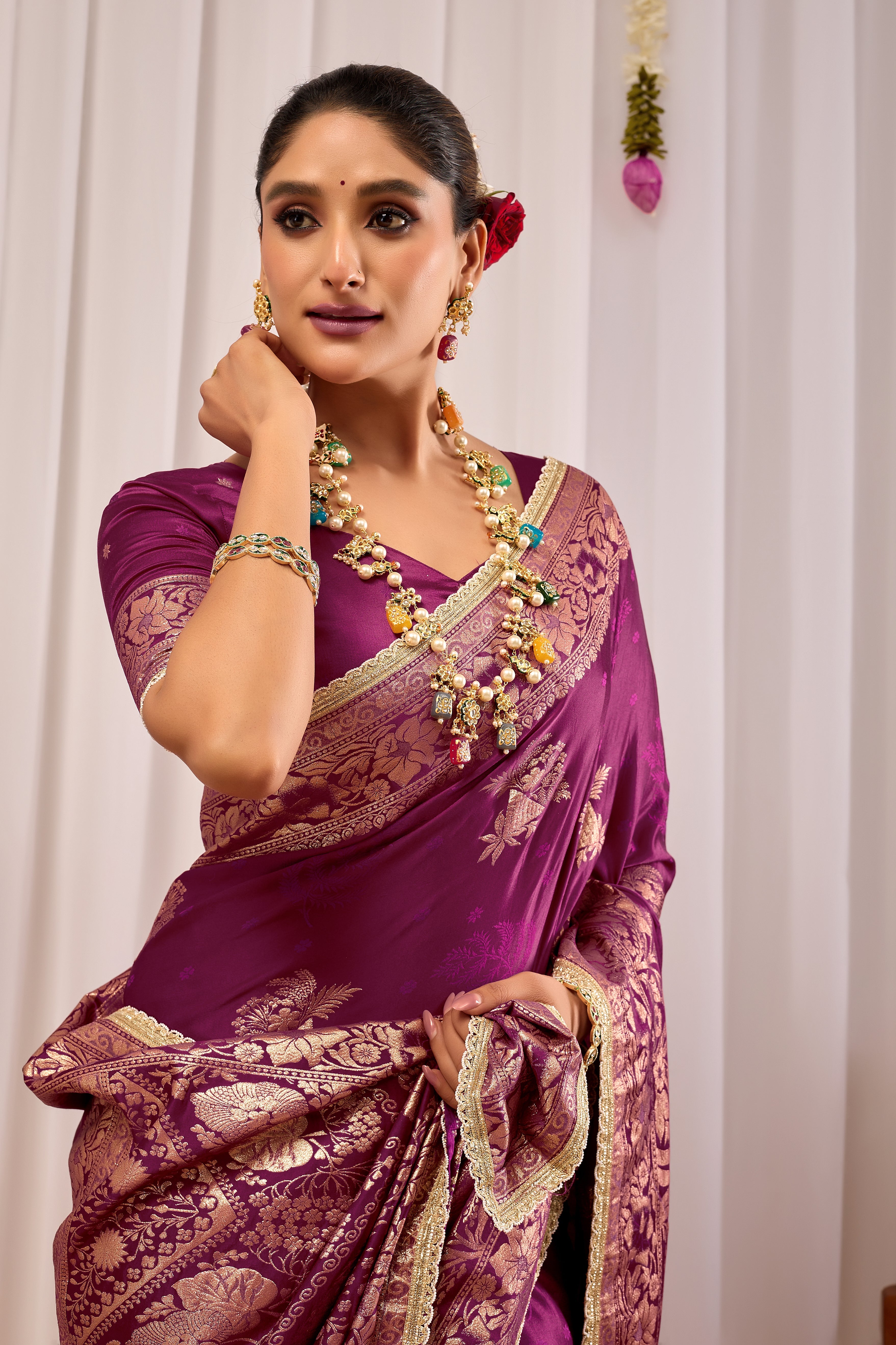 Royal Wine Purple Heritage Floral Saree in Luxurious Silk Blend with Rich Gold Zari Border and Timeless Traditional Elegance