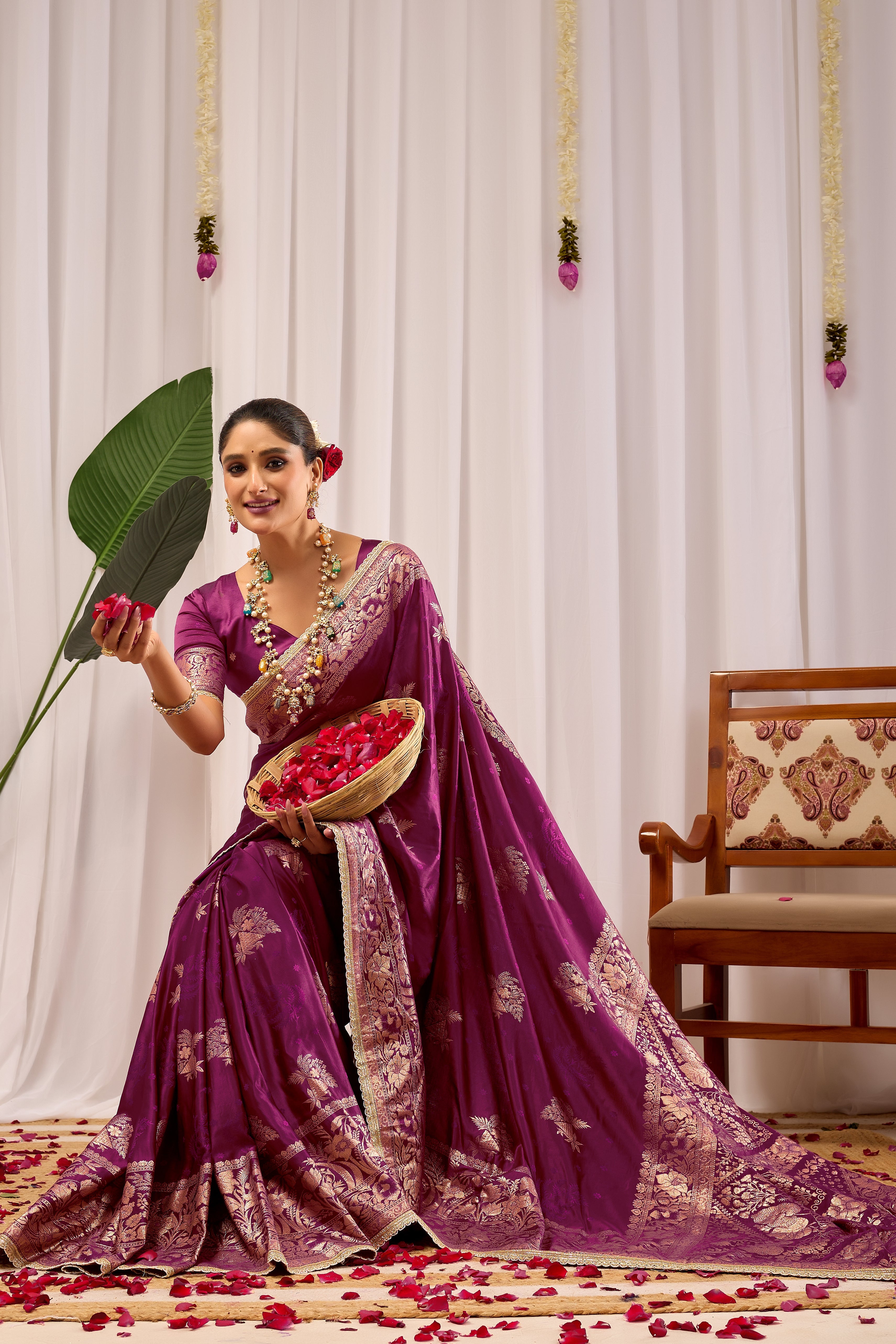 Royal Wine Purple Heritage Floral Saree in Luxurious Silk Blend with Rich Gold Zari Border and Timeless Traditional Elegance