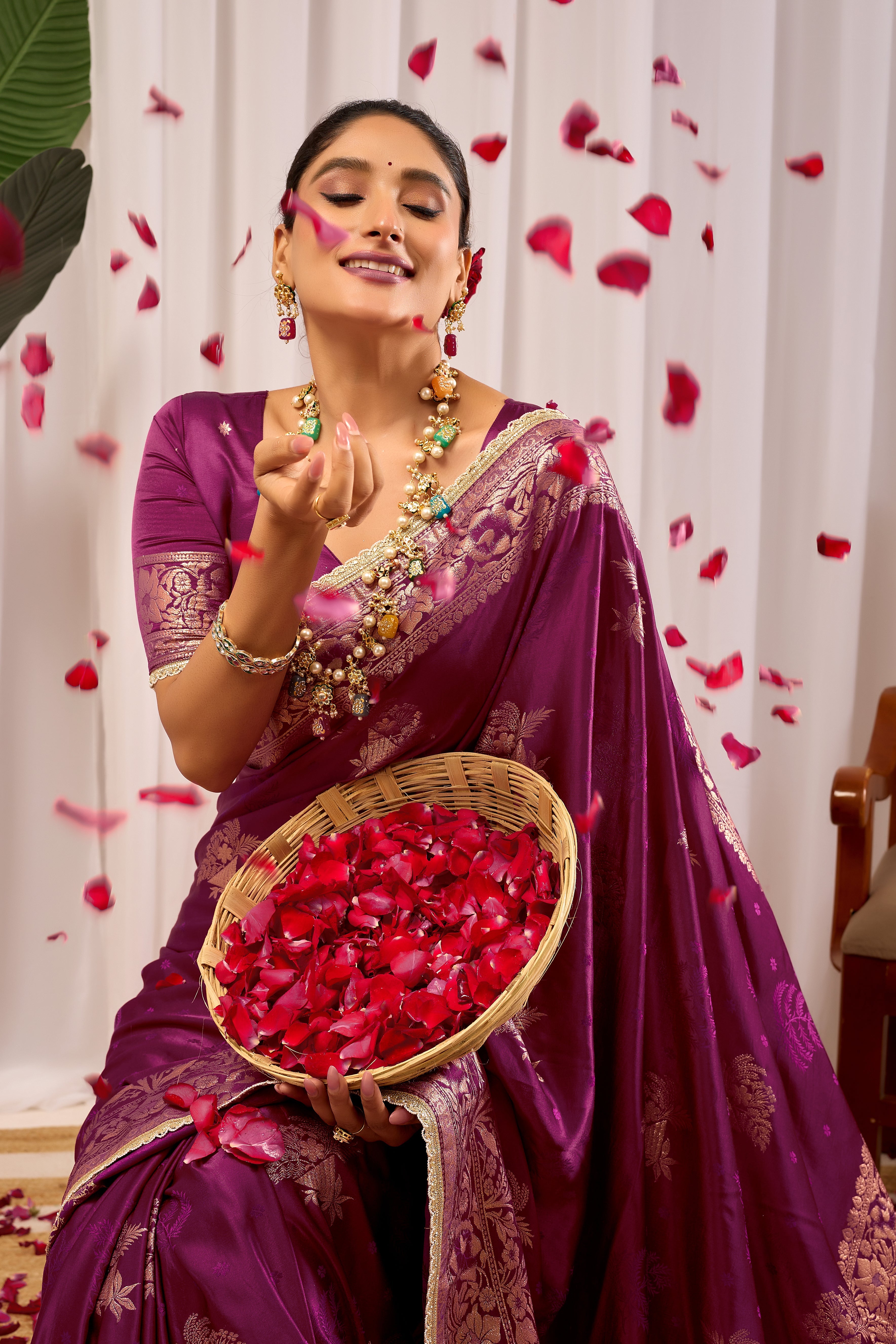Royal Wine Purple Heritage Floral Saree in Luxurious Silk Blend with Rich Gold Zari Border and Timeless Traditional Elegance