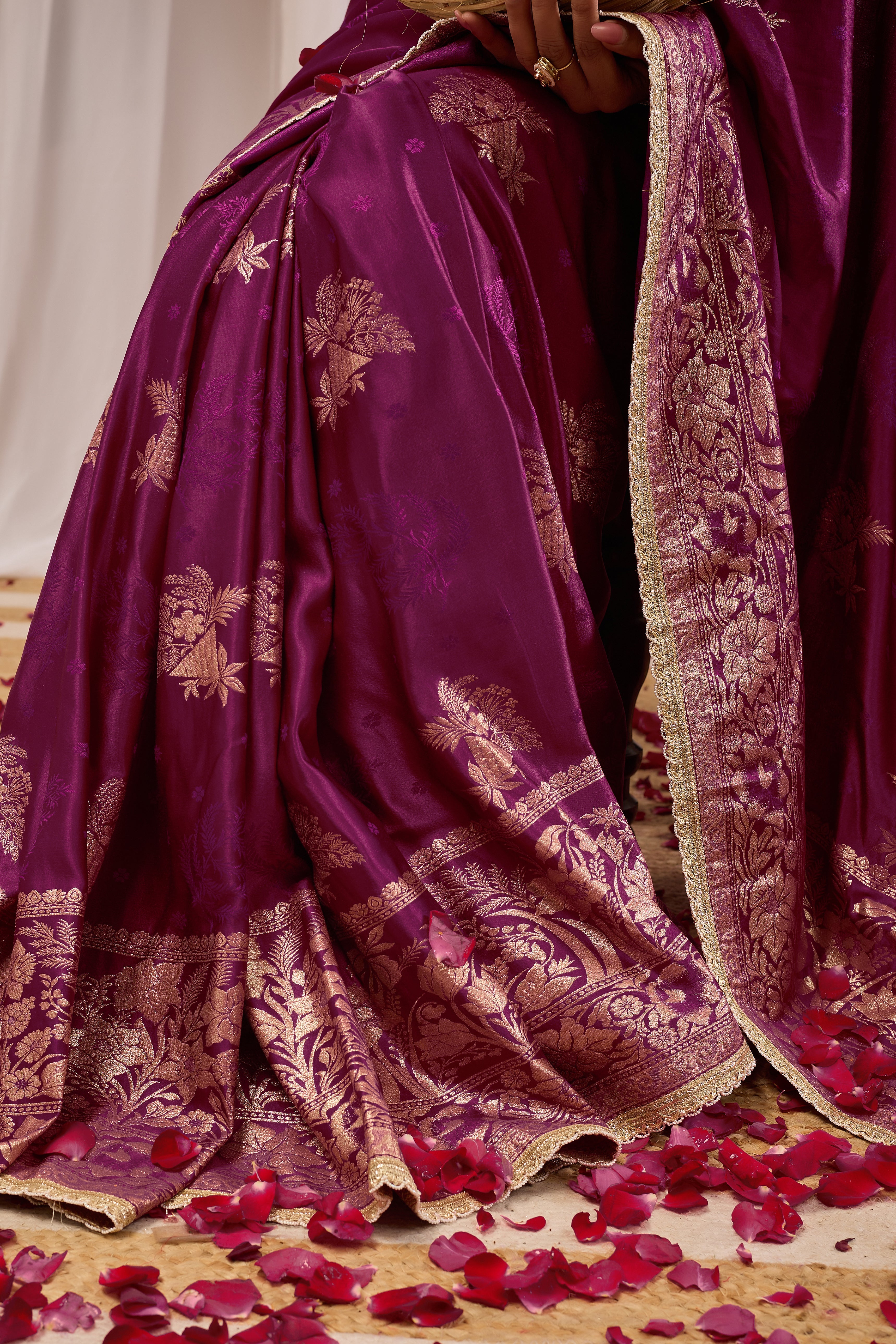 Royal Wine Purple Heritage Floral Saree in Luxurious Silk Blend with Rich Gold Zari Border and Timeless Traditional Elegance