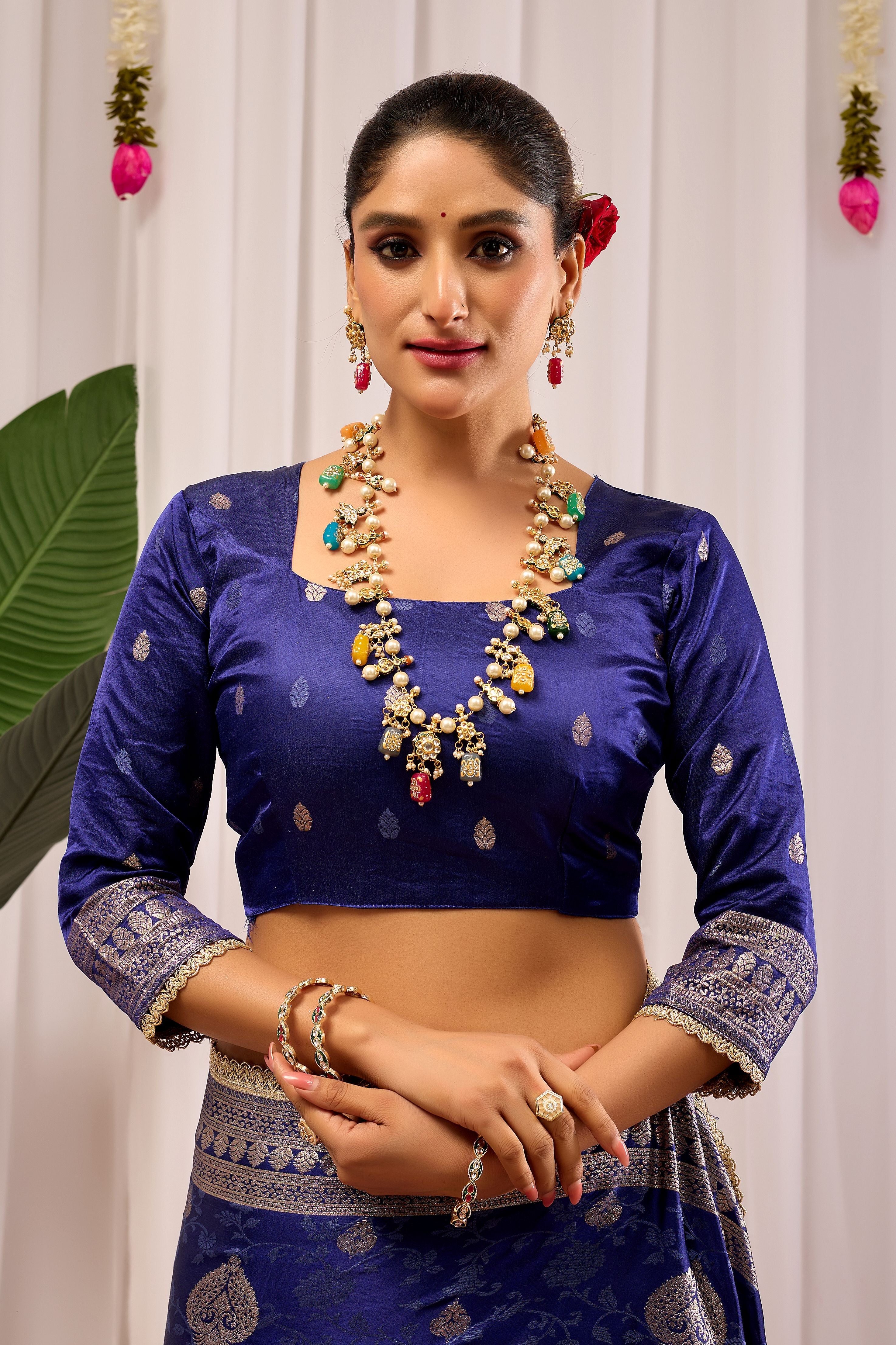 Royal Midnight Blue Heritage Floral Saree in Luxurious Silk Blend with Intricate Silver Zari Border and Timeless Ethnic Elegance