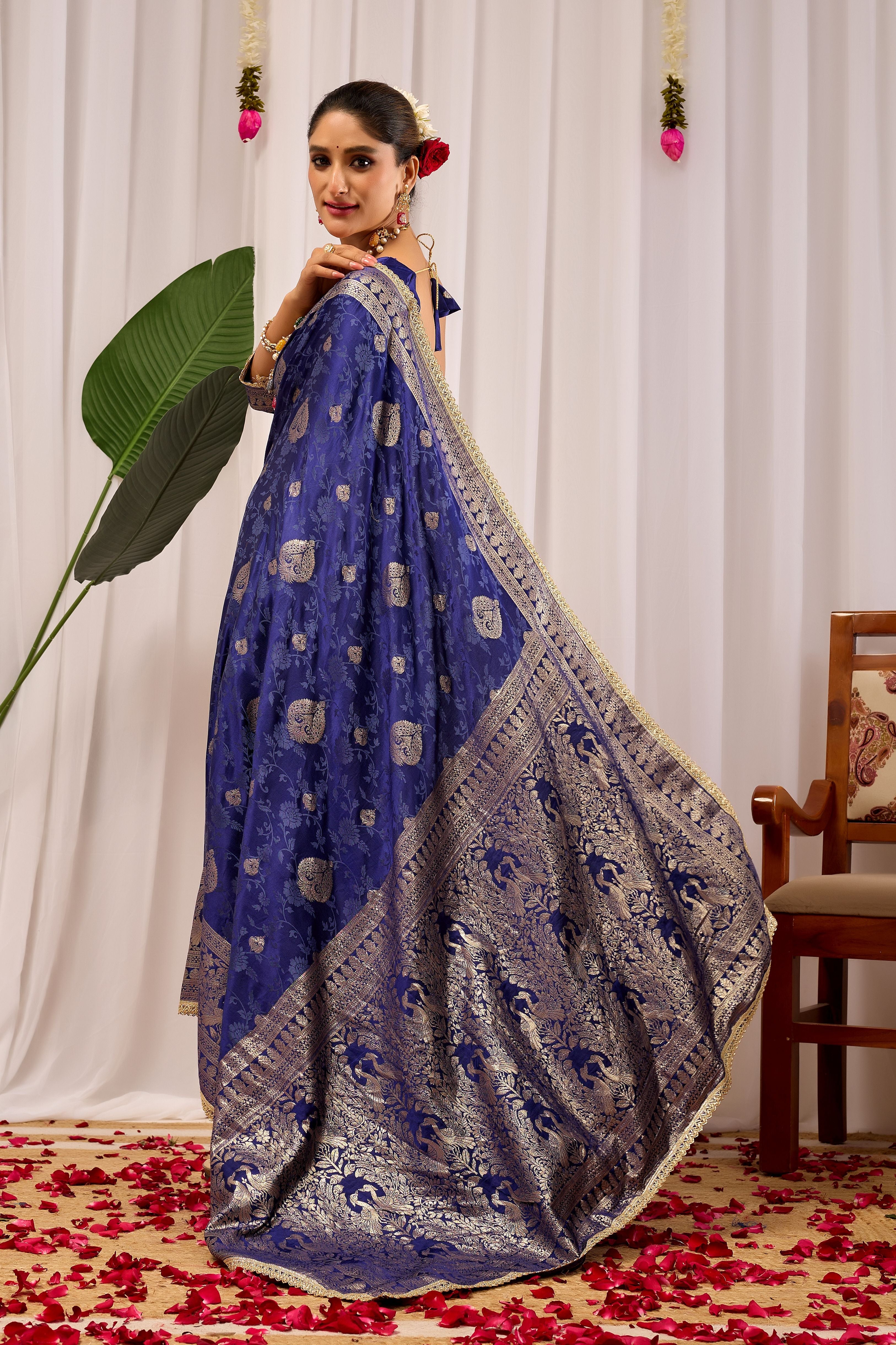 Royal Midnight Blue Heritage Floral Saree in Luxurious Silk Blend with Intricate Silver Zari Border and Timeless Ethnic Elegance