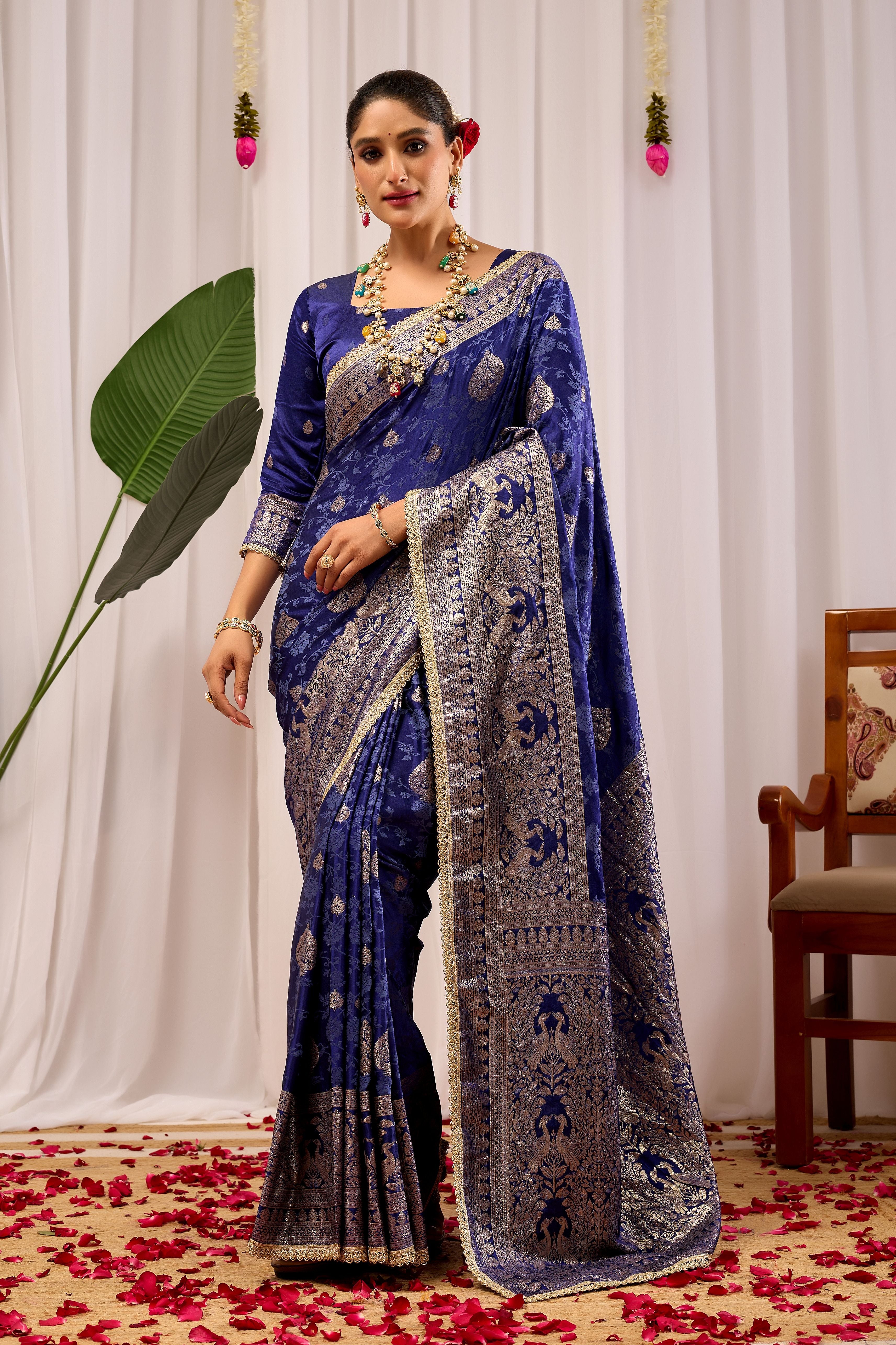 Royal Midnight Blue Heritage Floral Saree in Luxurious Silk Blend with Intricate Silver Zari Border and Timeless Ethnic Elegance