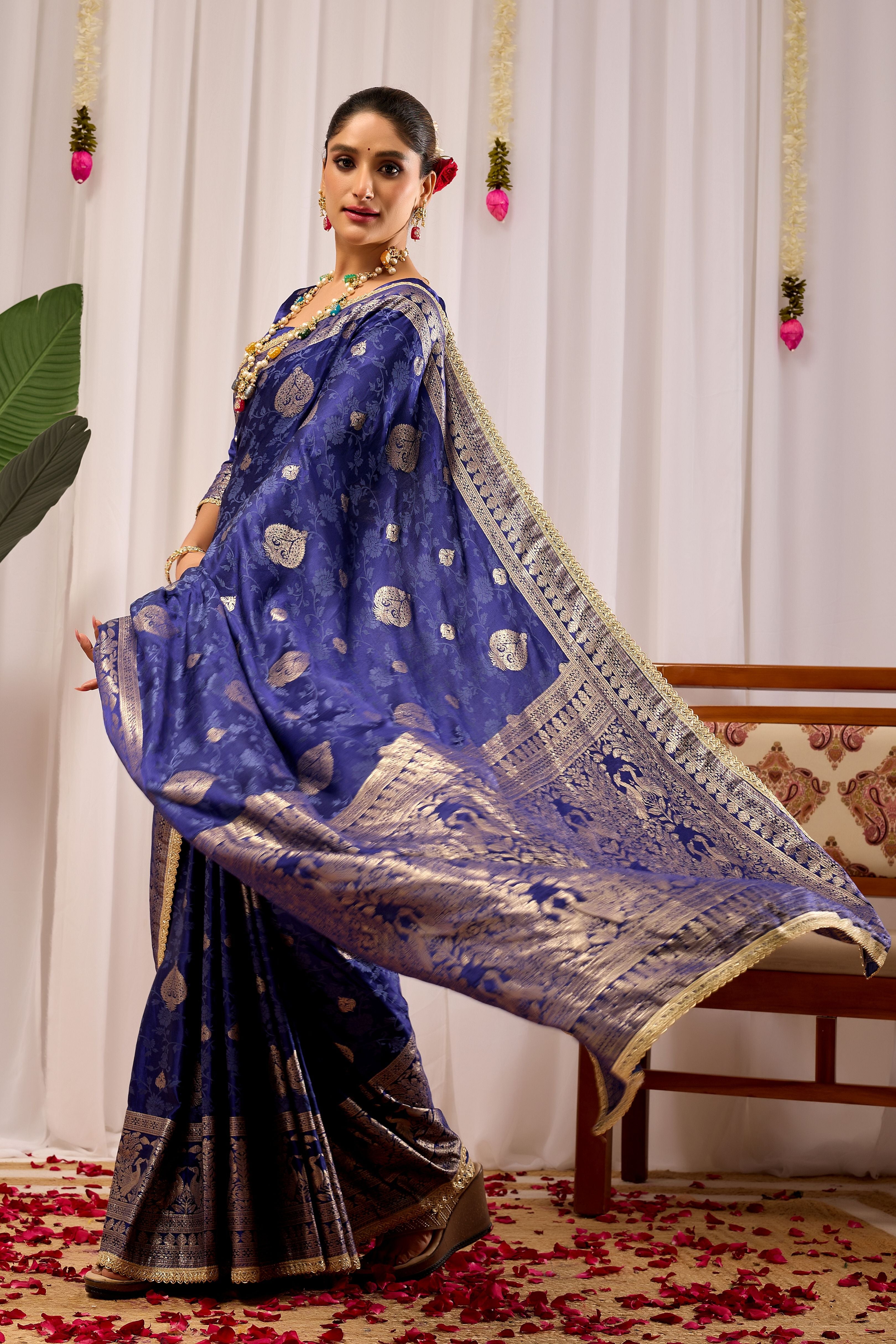 Royal Midnight Blue Heritage Floral Saree in Luxurious Silk Blend with Intricate Silver Zari Border and Timeless Ethnic Elegance