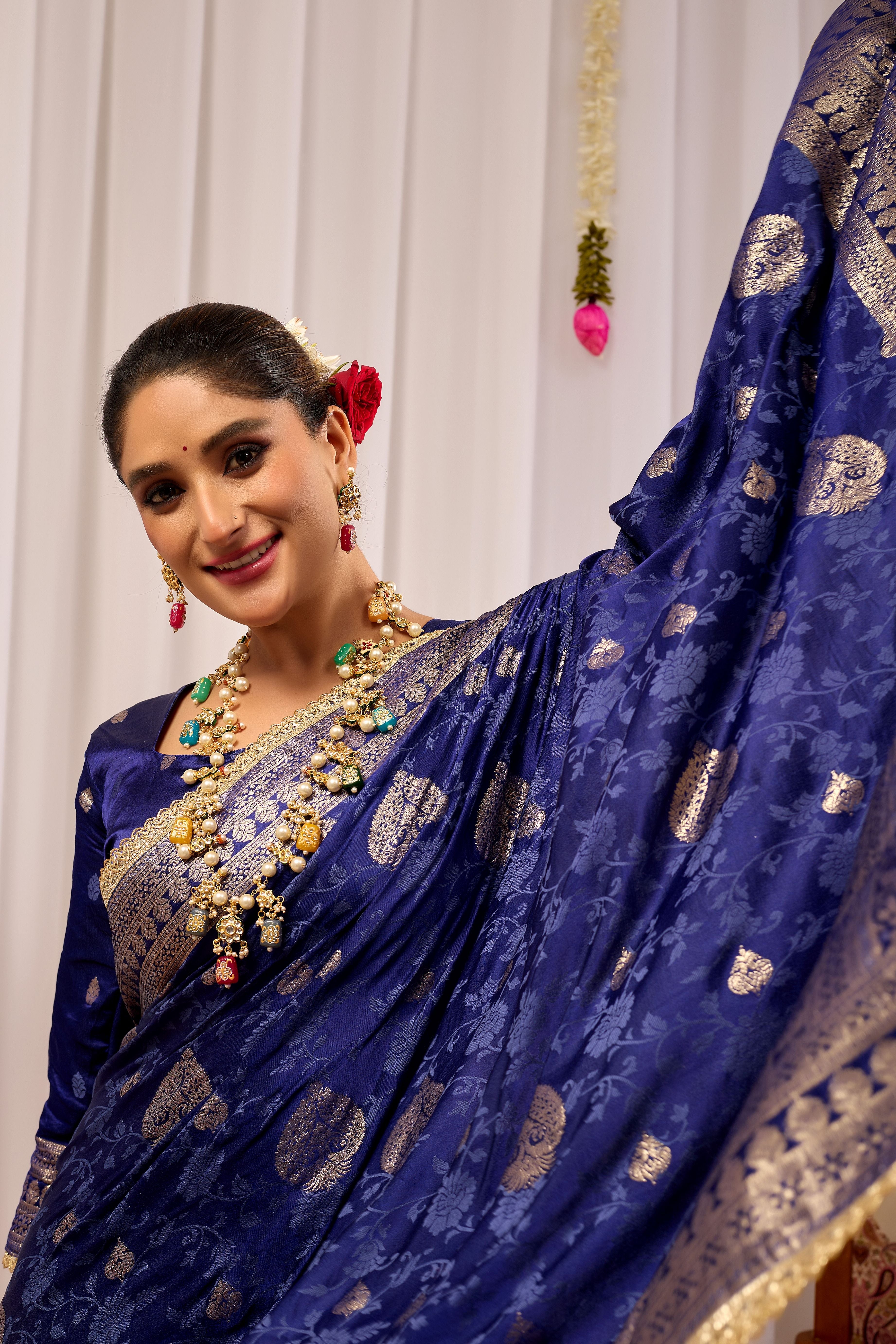 Royal Midnight Blue Heritage Floral Saree in Luxurious Silk Blend with Intricate Silver Zari Border and Timeless Ethnic Elegance