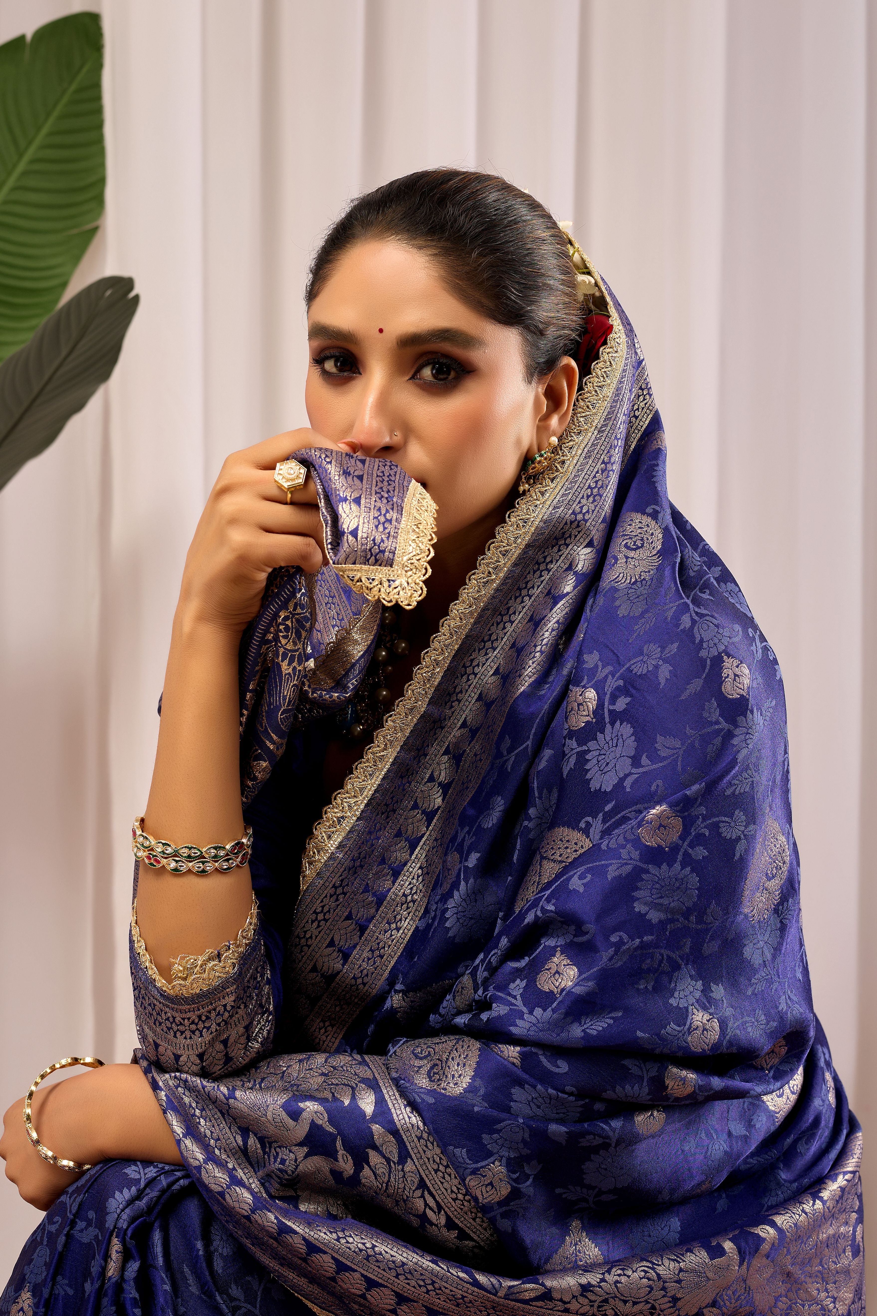 Royal Midnight Blue Heritage Floral Saree in Luxurious Silk Blend with Intricate Silver Zari Border and Timeless Ethnic Elegance