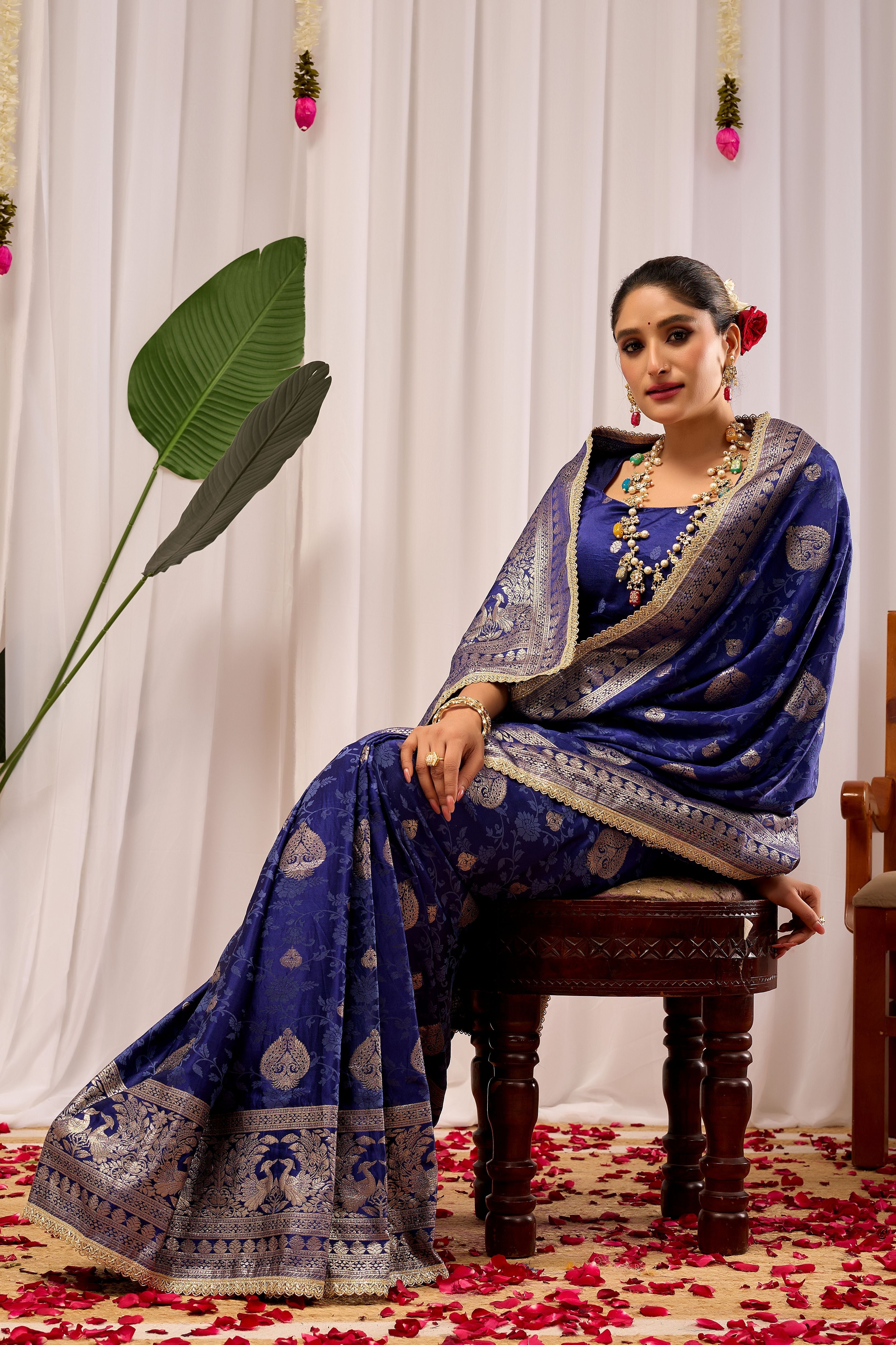 Royal Midnight Blue Heritage Floral Saree in Luxurious Silk Blend with Intricate Silver Zari Border and Timeless Ethnic Elegance