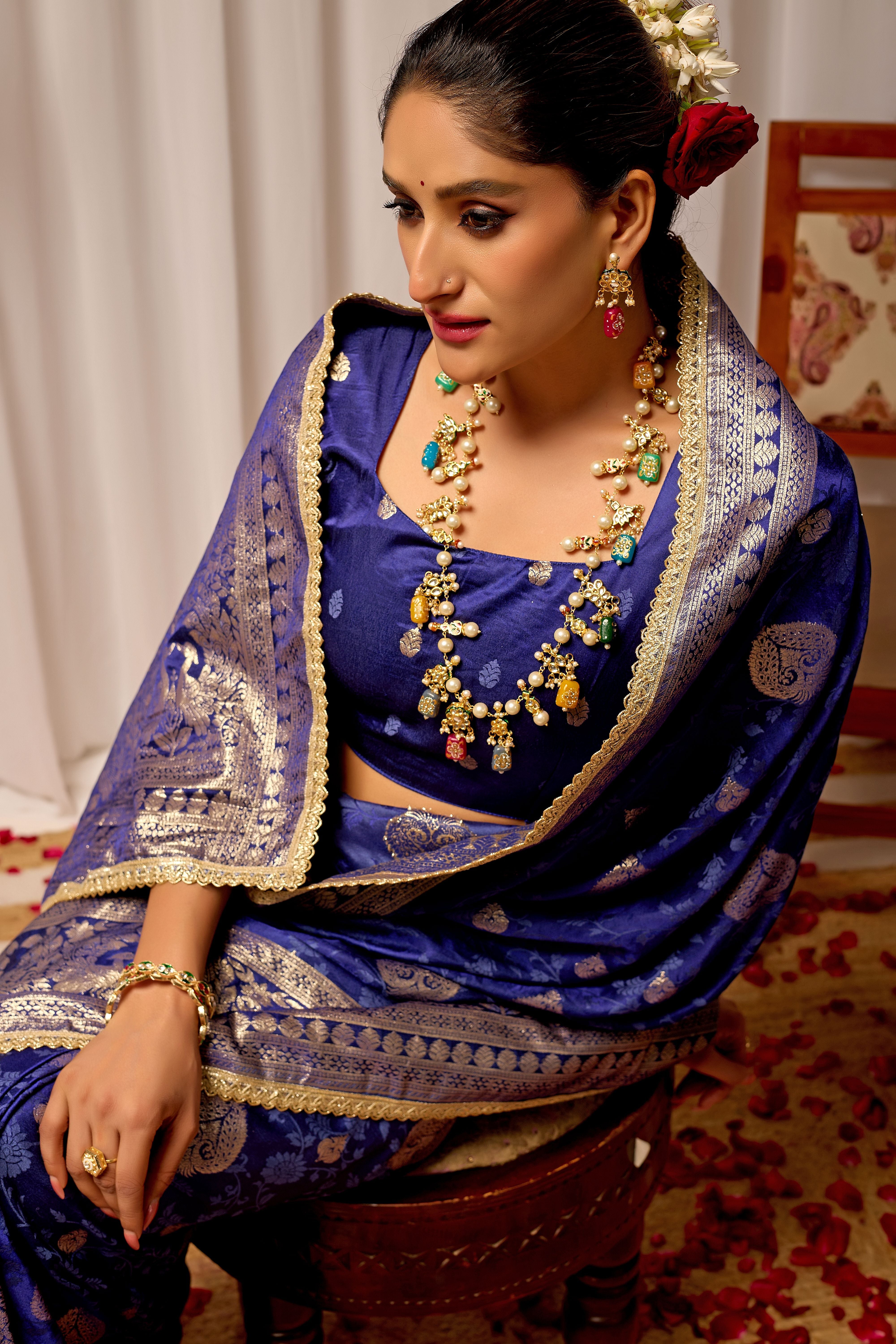 Royal Midnight Blue Heritage Floral Saree in Luxurious Silk Blend with Intricate Silver Zari Border and Timeless Ethnic Elegance