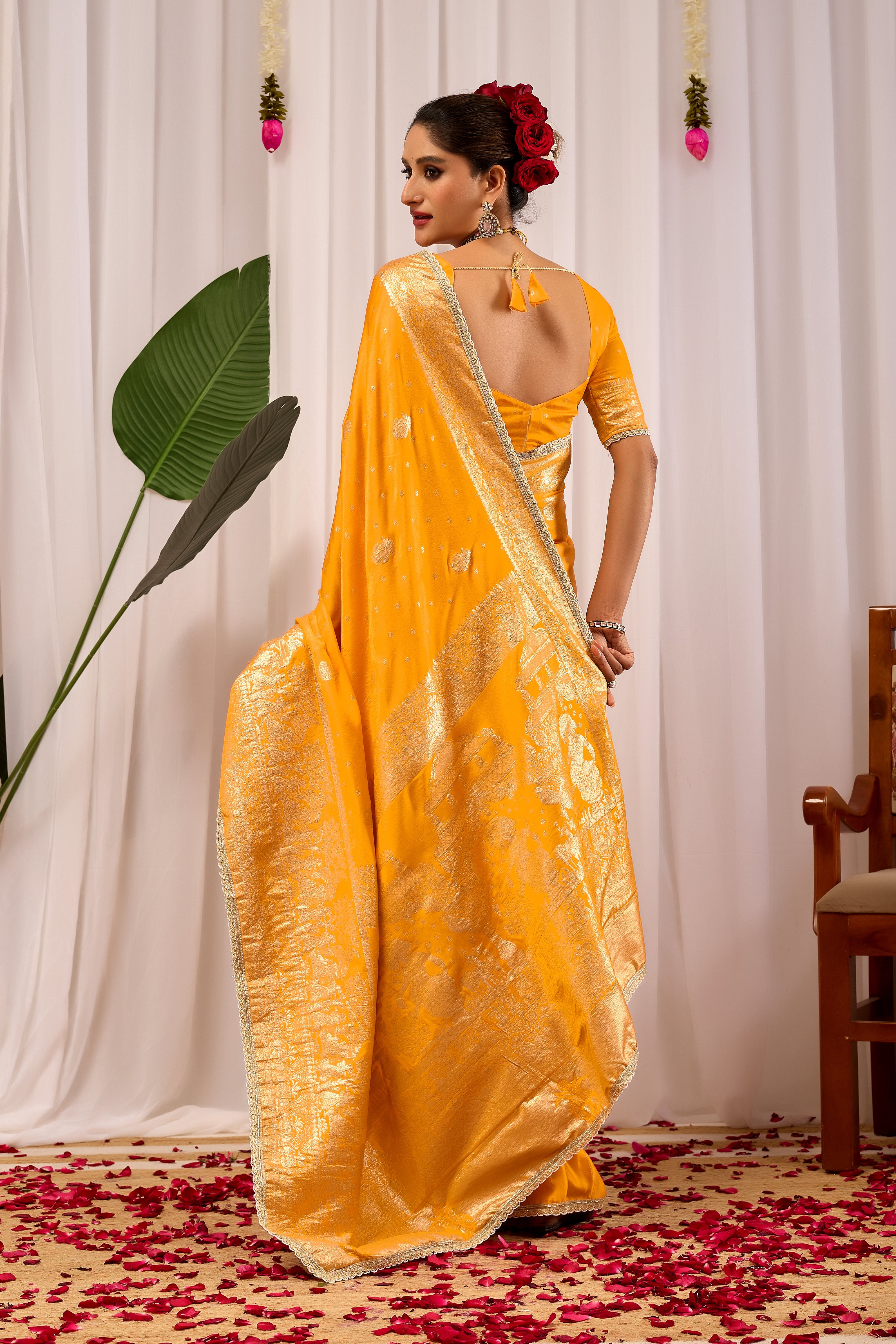 Royal Mustard Yellow Satin Satin Silk Saree with Antique Gold Zari Weaving