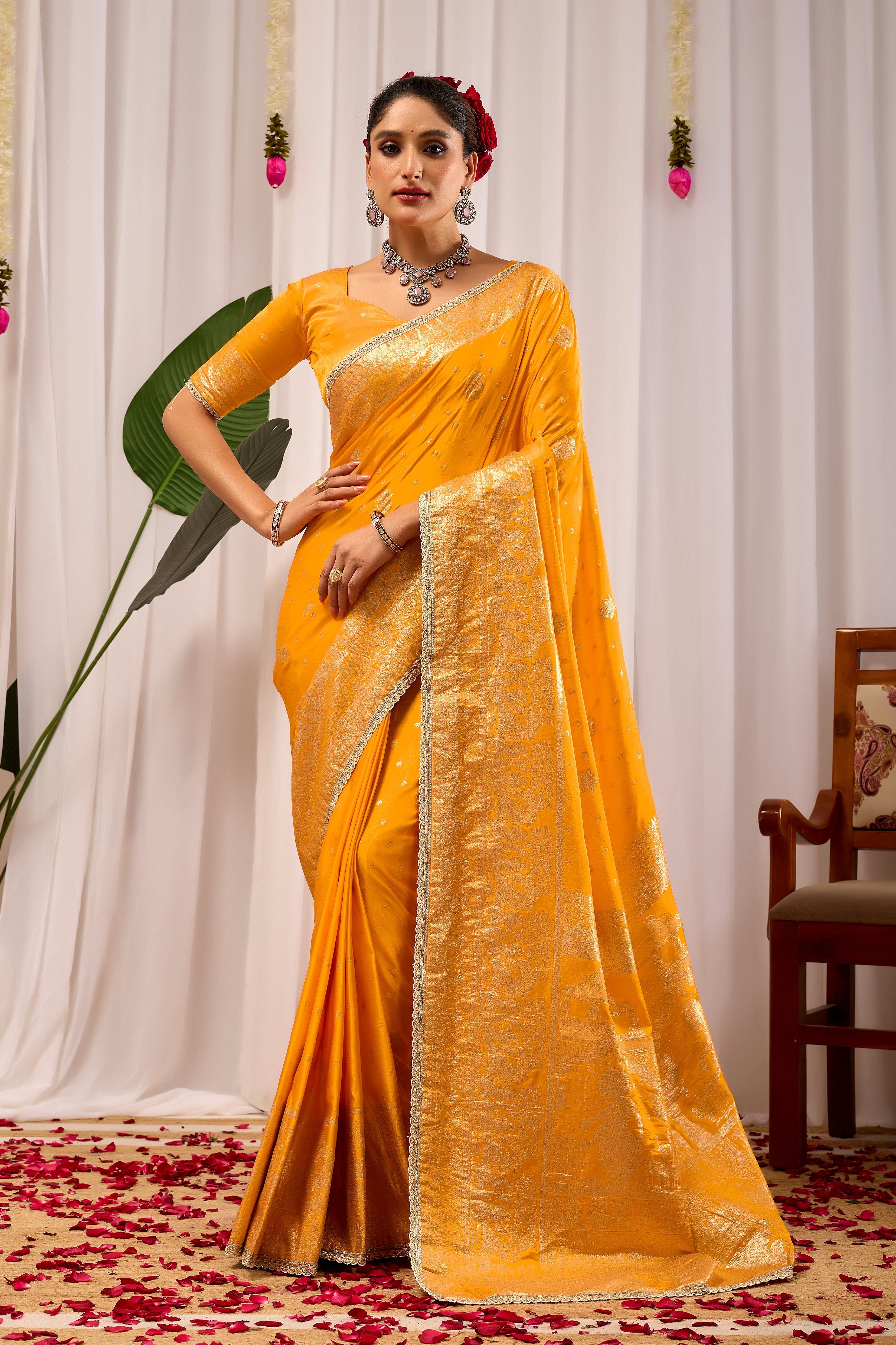 Royal Mustard Yellow Satin Satin Silk Saree with Antique Gold Zari Weaving