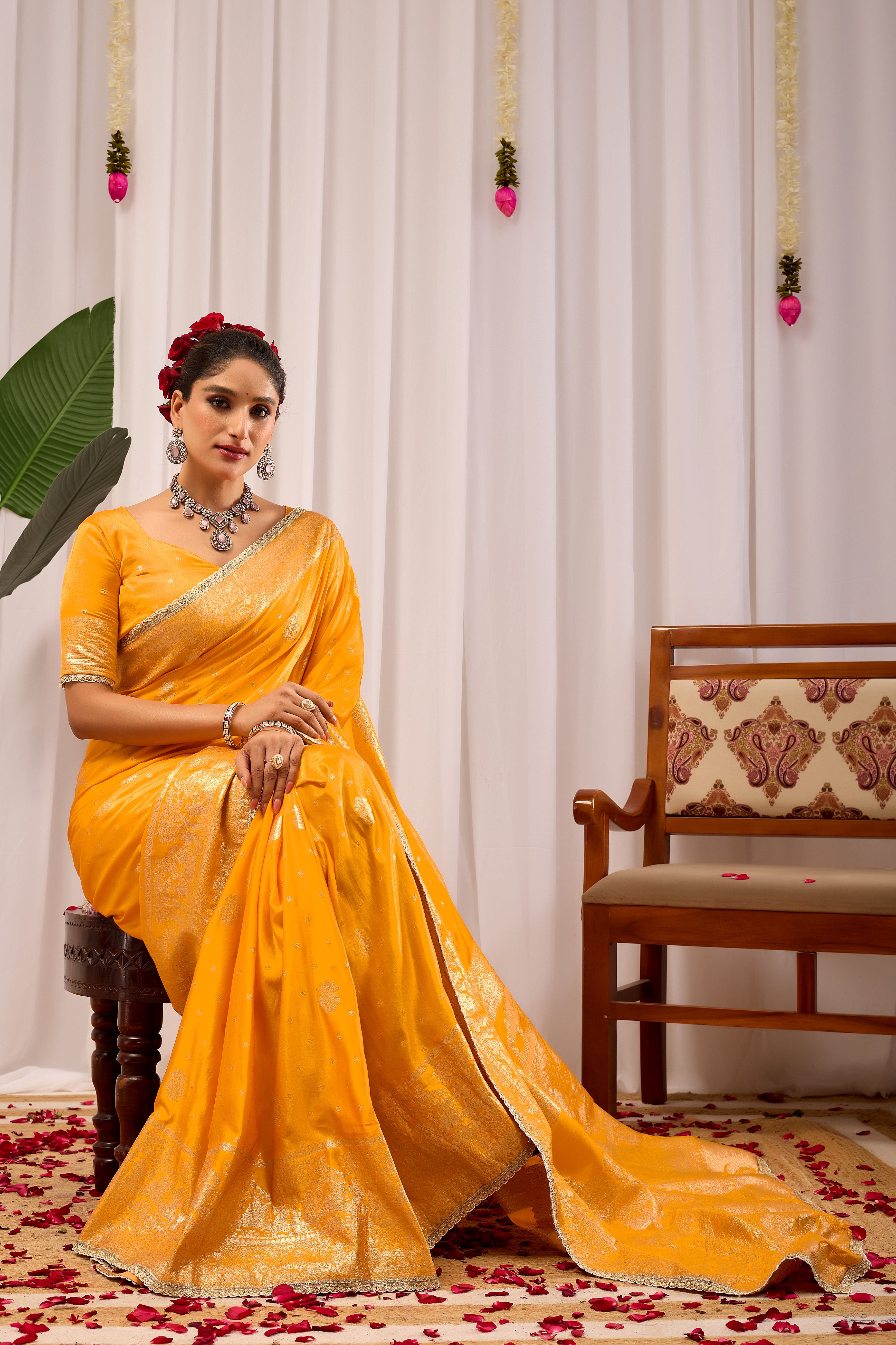Royal Mustard Yellow Satin Satin Silk Saree with Antique Gold Zari Weaving