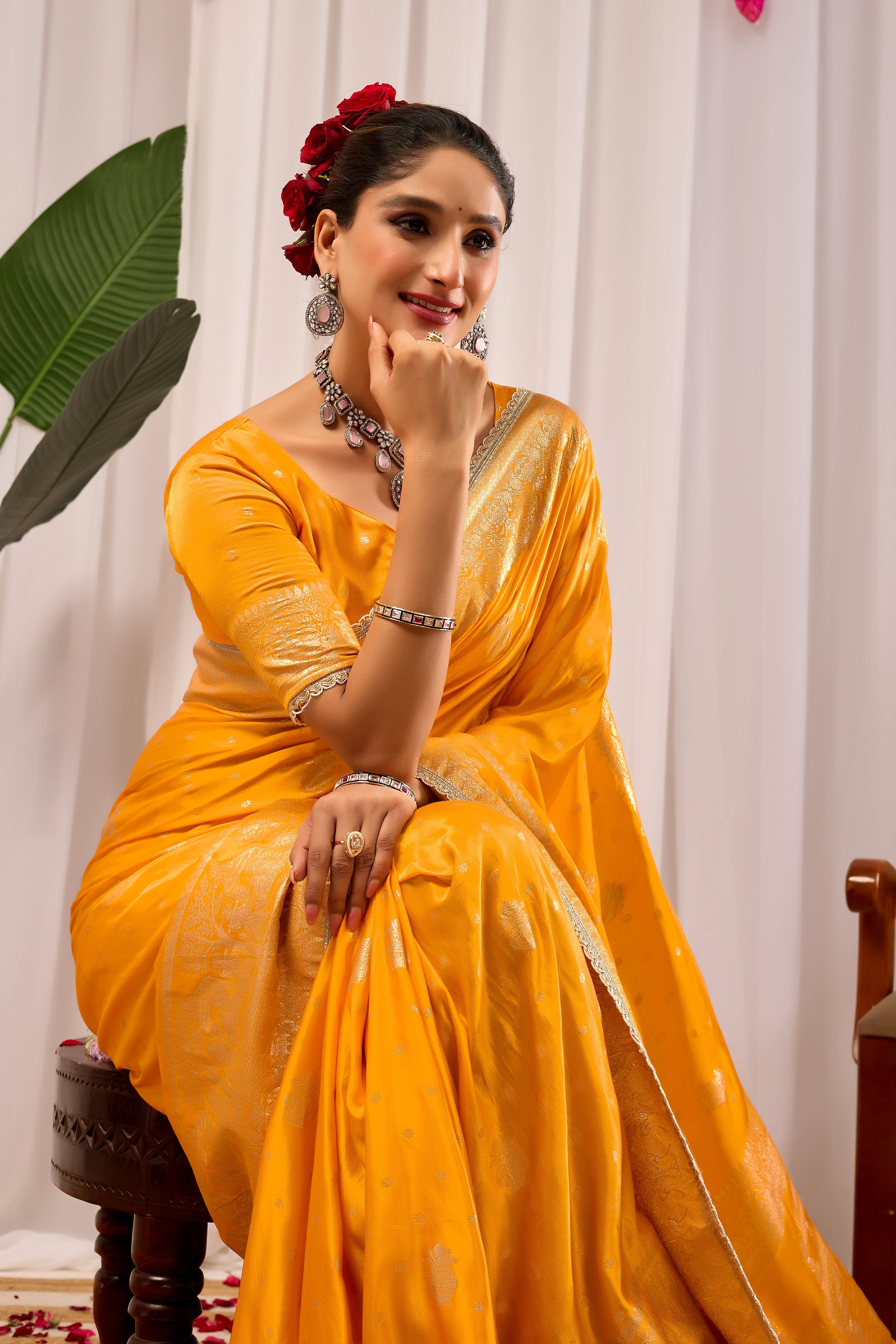 Royal Mustard Yellow Satin Satin Silk Saree with Antique Gold Zari Weaving
