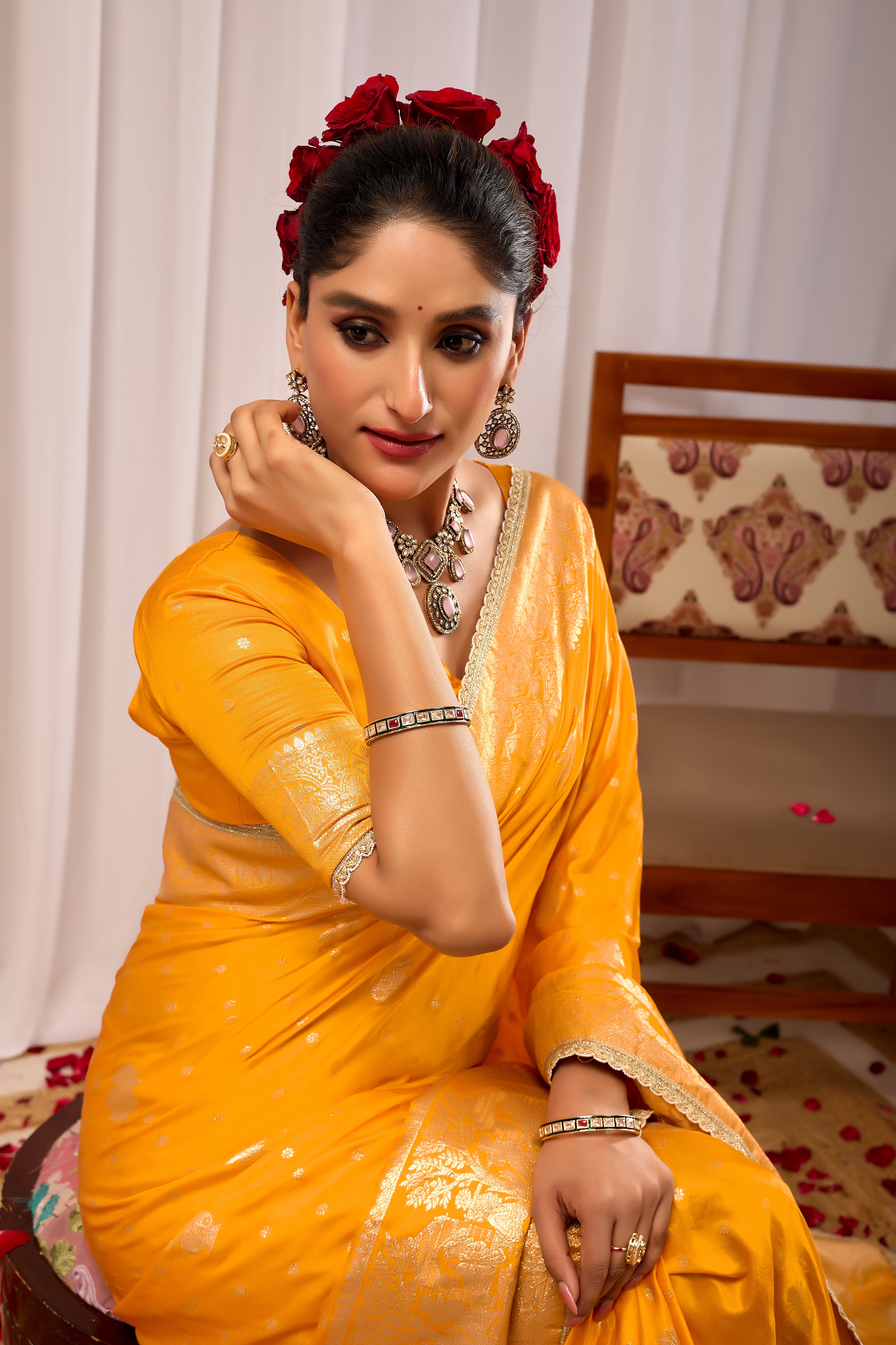 Royal Mustard Yellow Satin Satin Silk Saree with Antique Gold Zari Weaving