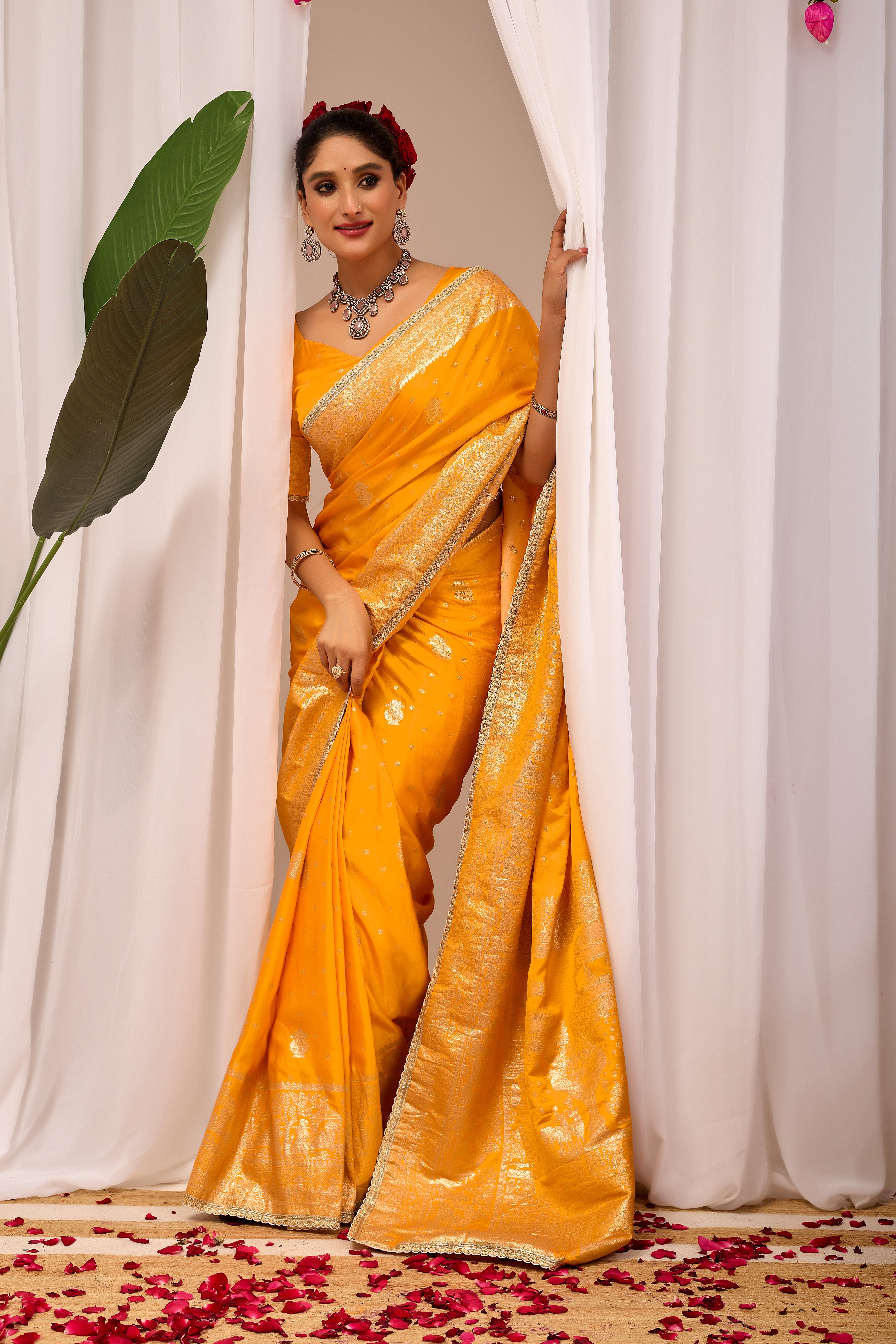 Royal Mustard Yellow Satin Satin Silk Saree with Antique Gold Zari Weaving