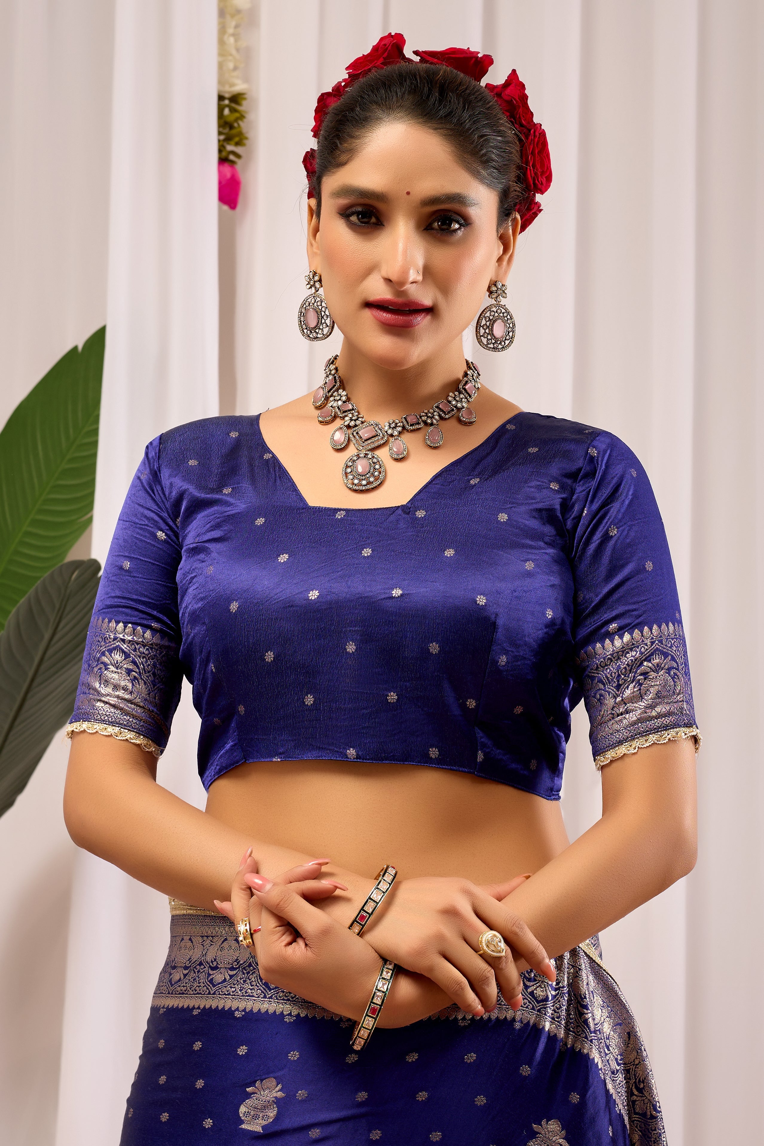 Imperial Royal Blue Satin Silk Saree in Antique Silver Weave