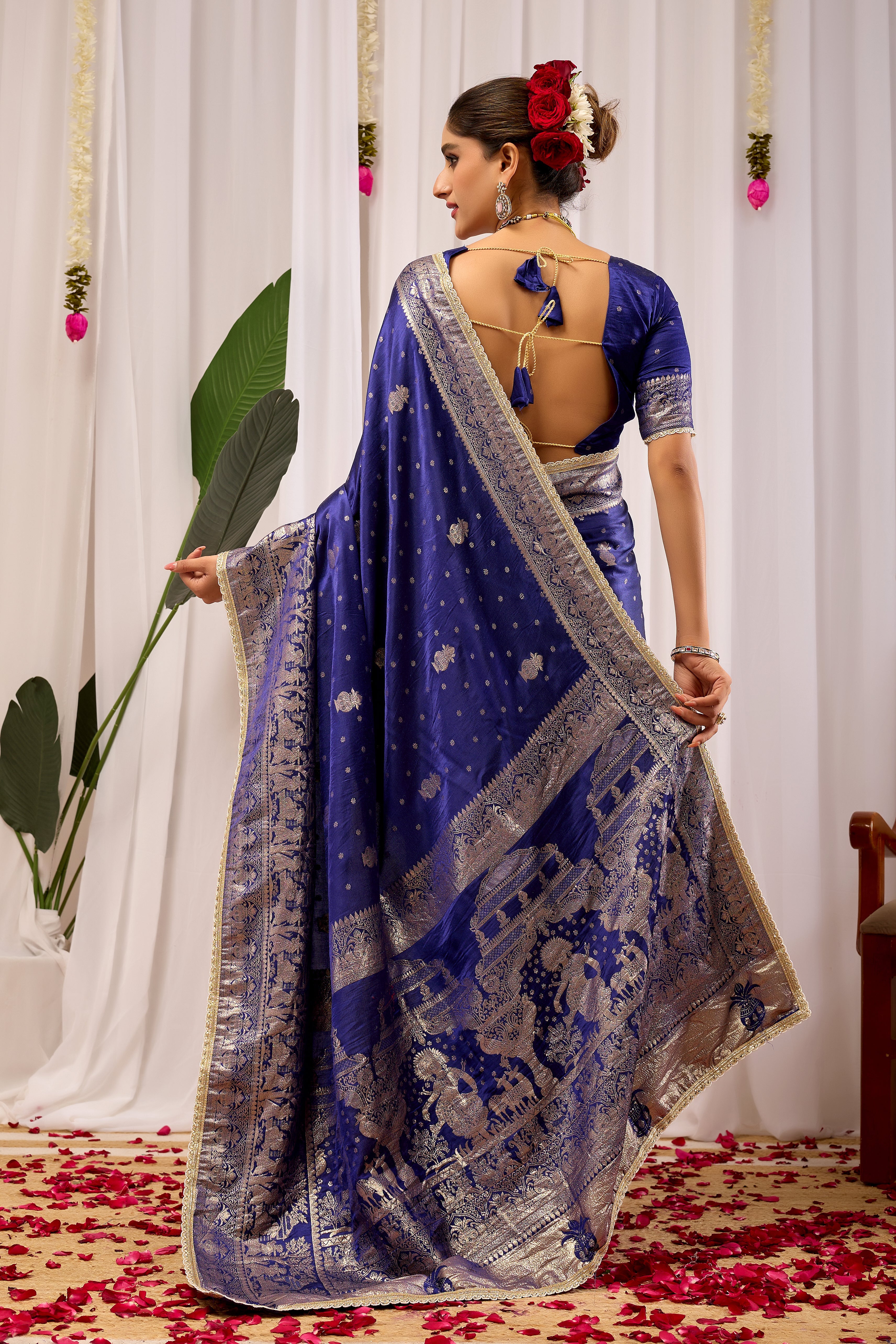 Imperial Royal Blue Satin Silk Saree in Antique Silver Weave