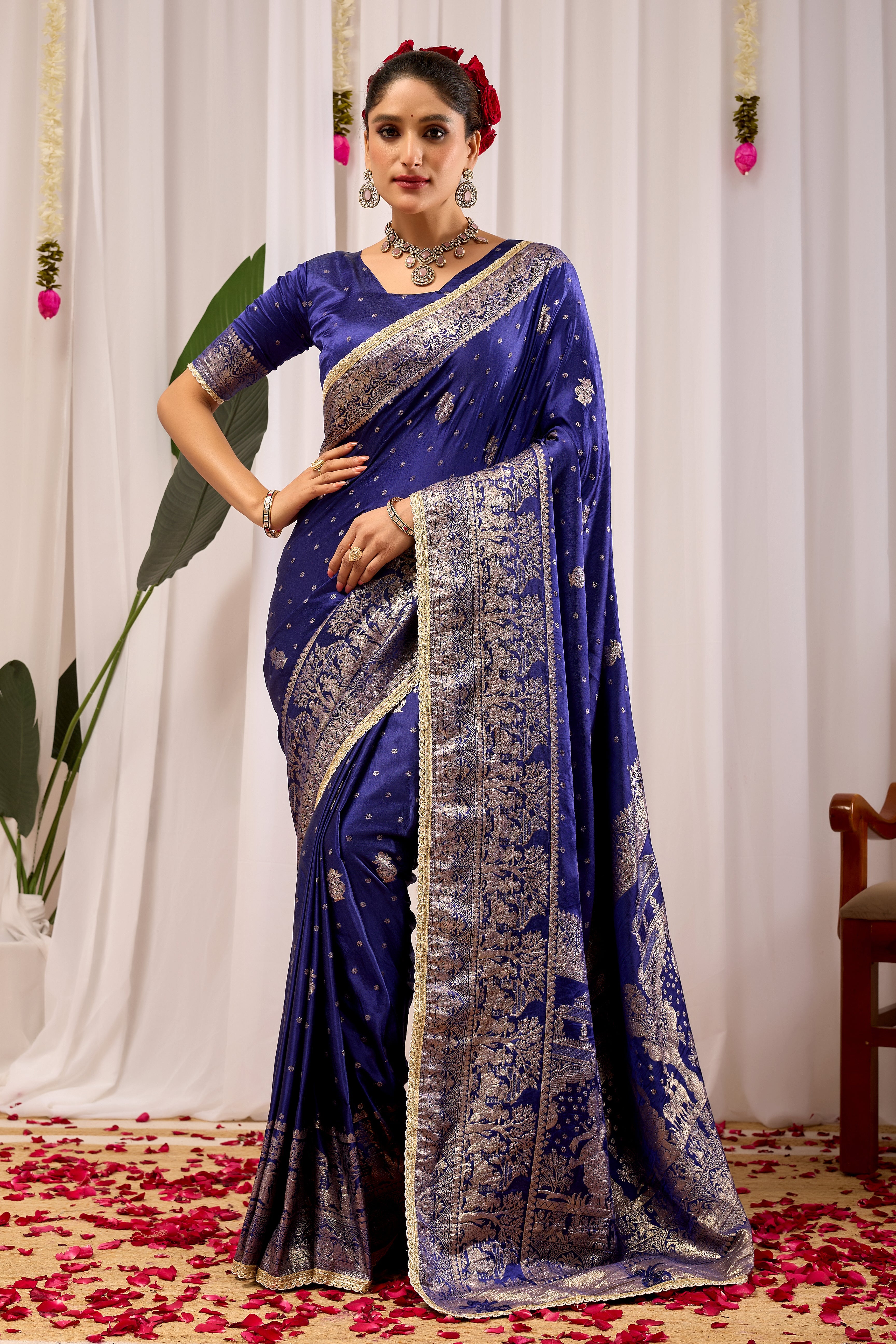 Imperial Royal Blue Satin Silk Saree in Antique Silver Weave