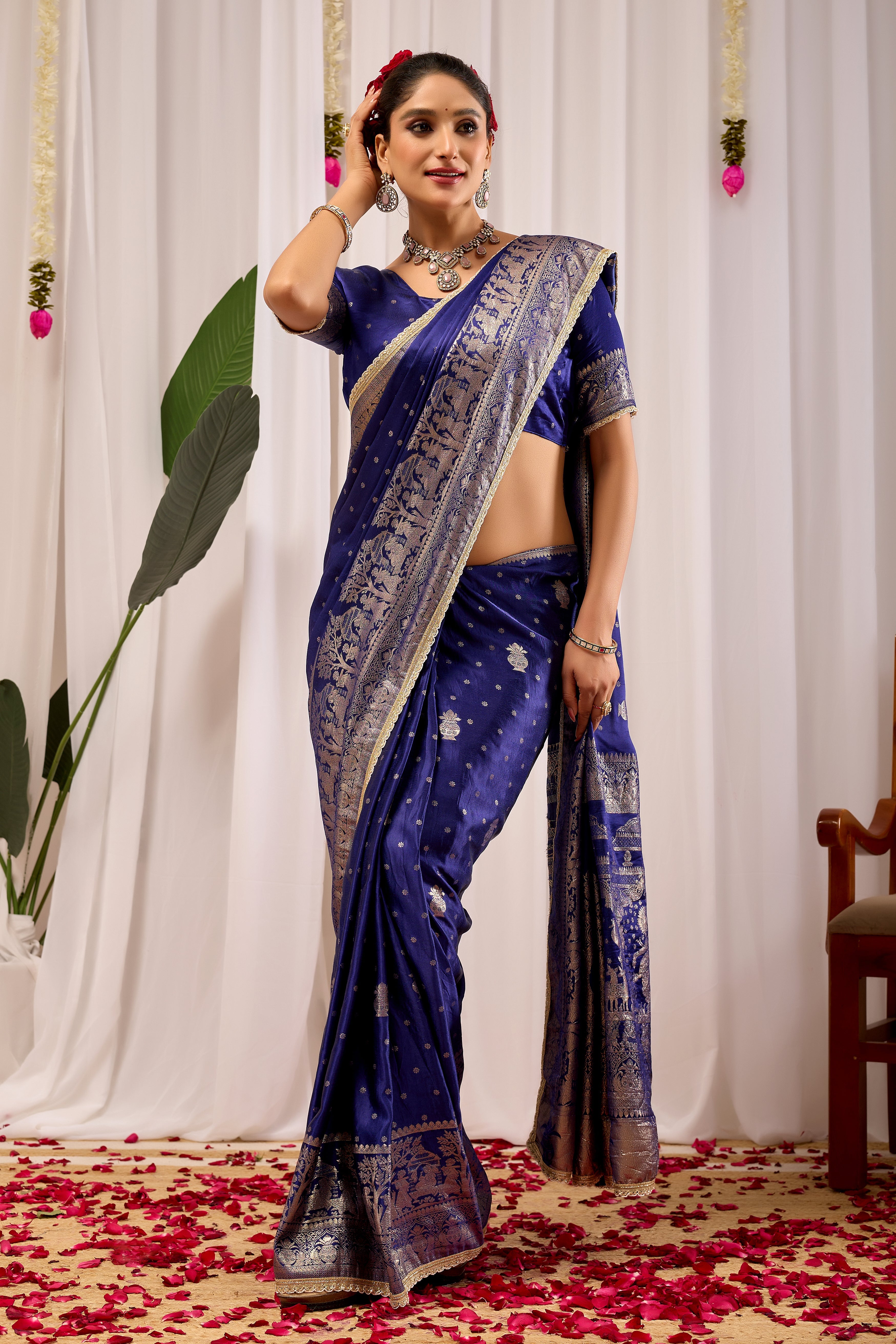 Imperial Royal Blue Satin Silk Saree in Antique Silver Weave