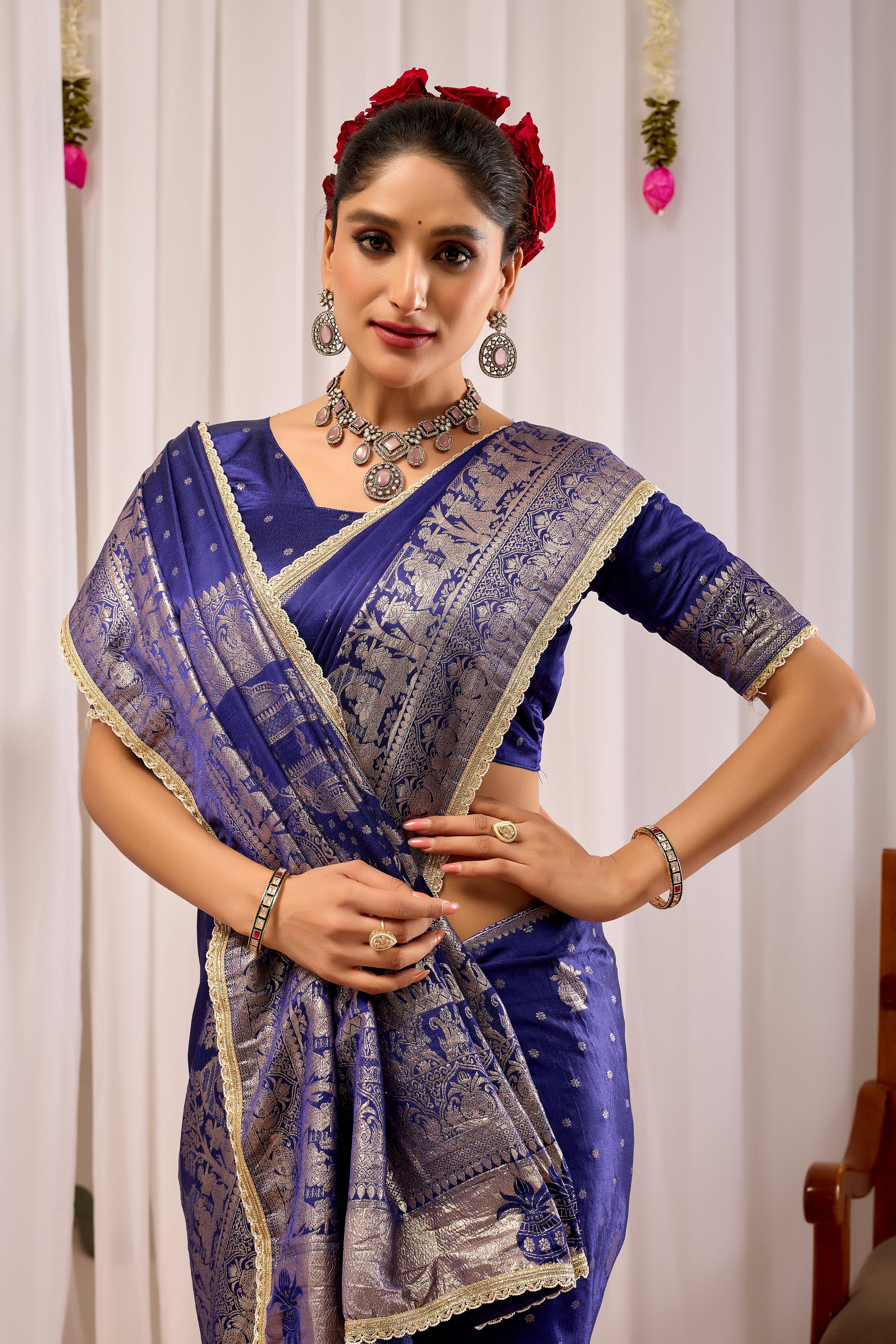 Imperial Royal Blue Satin Silk Saree in Antique Silver Weave