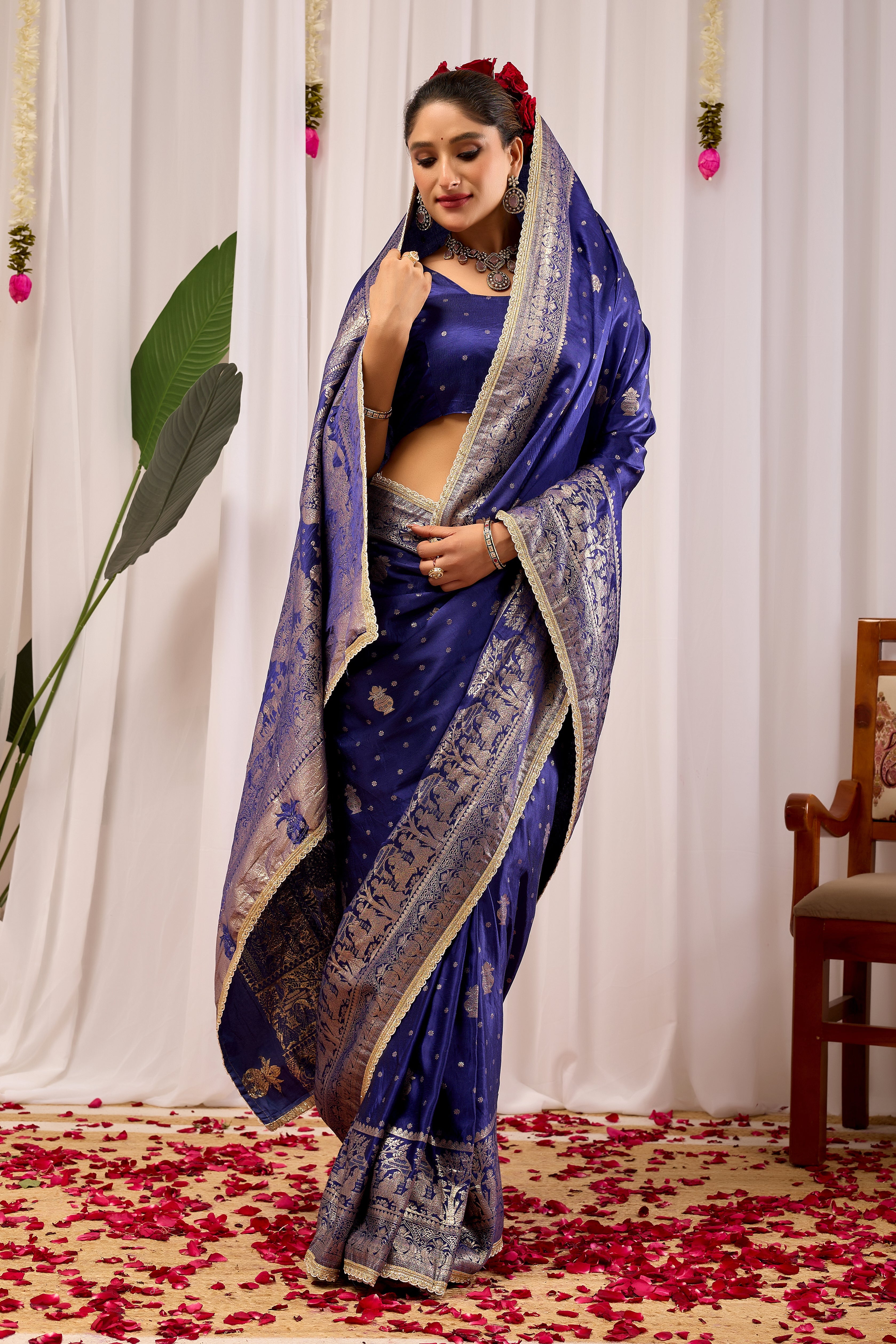Imperial Royal Blue Satin Silk Saree in Antique Silver Weave