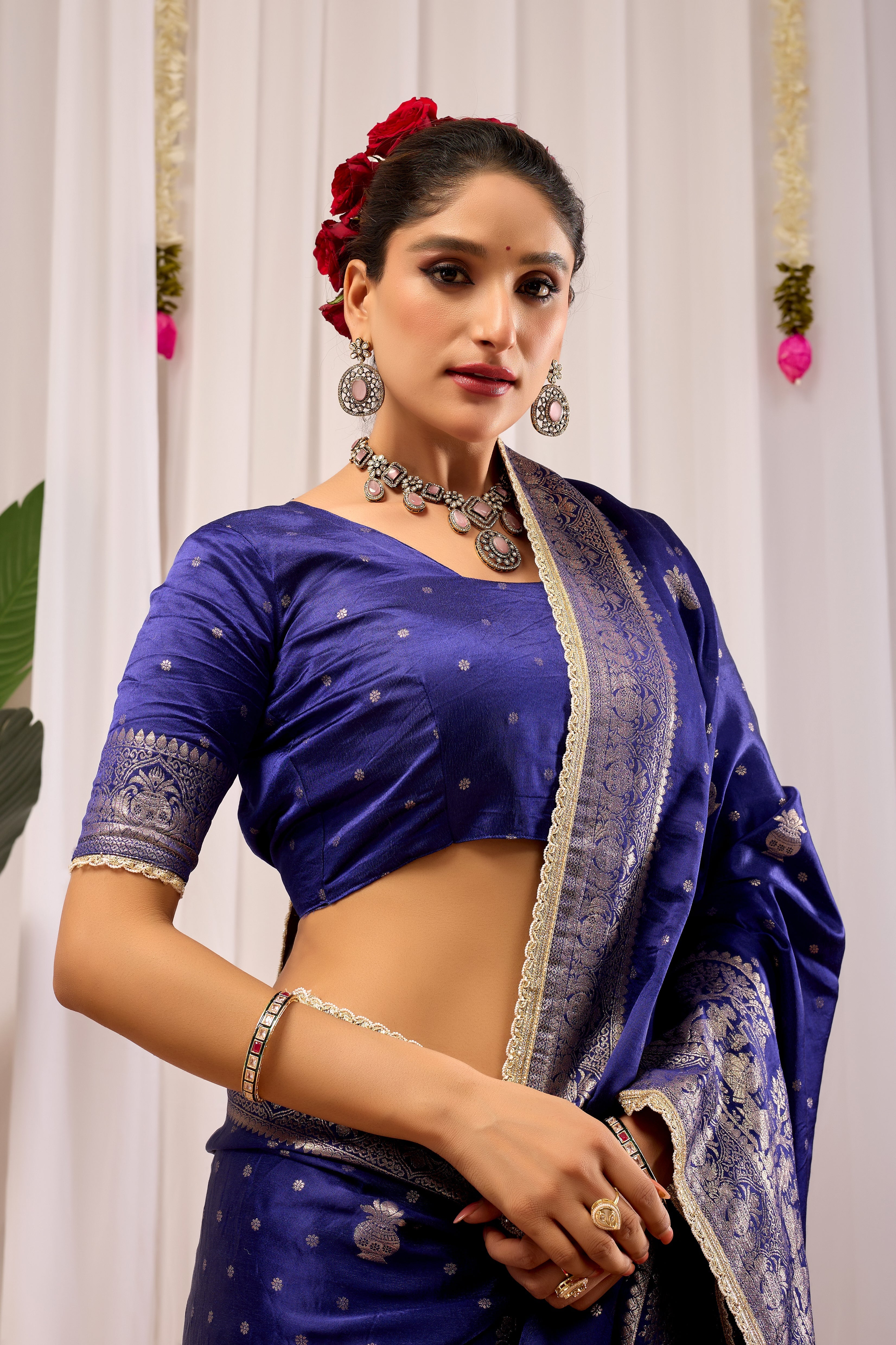 Imperial Royal Blue Satin Silk Saree in Antique Silver Weave