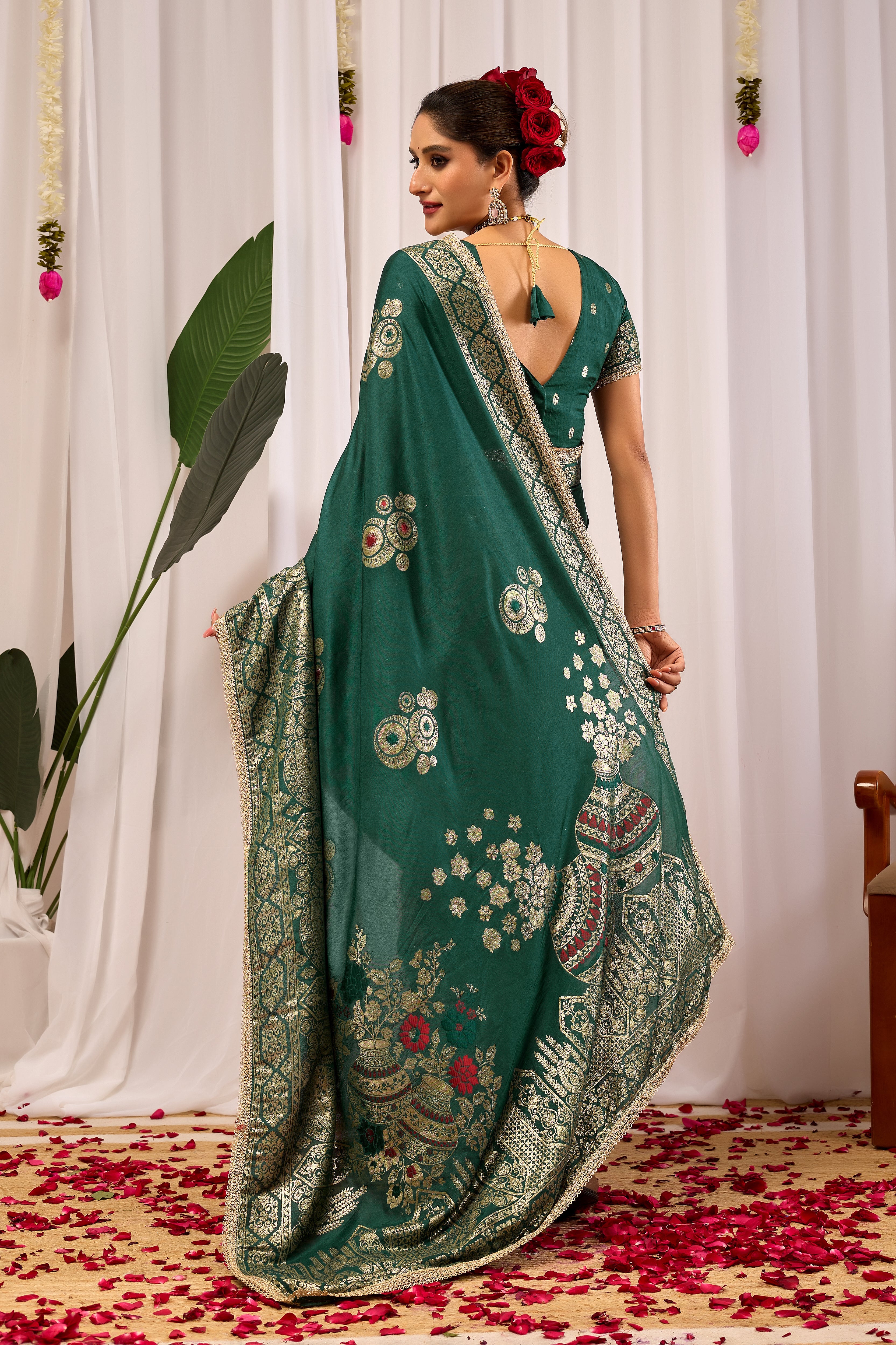 Emerald Royale satin Silk Saree with Antique Gold Zari Paisley Weaving