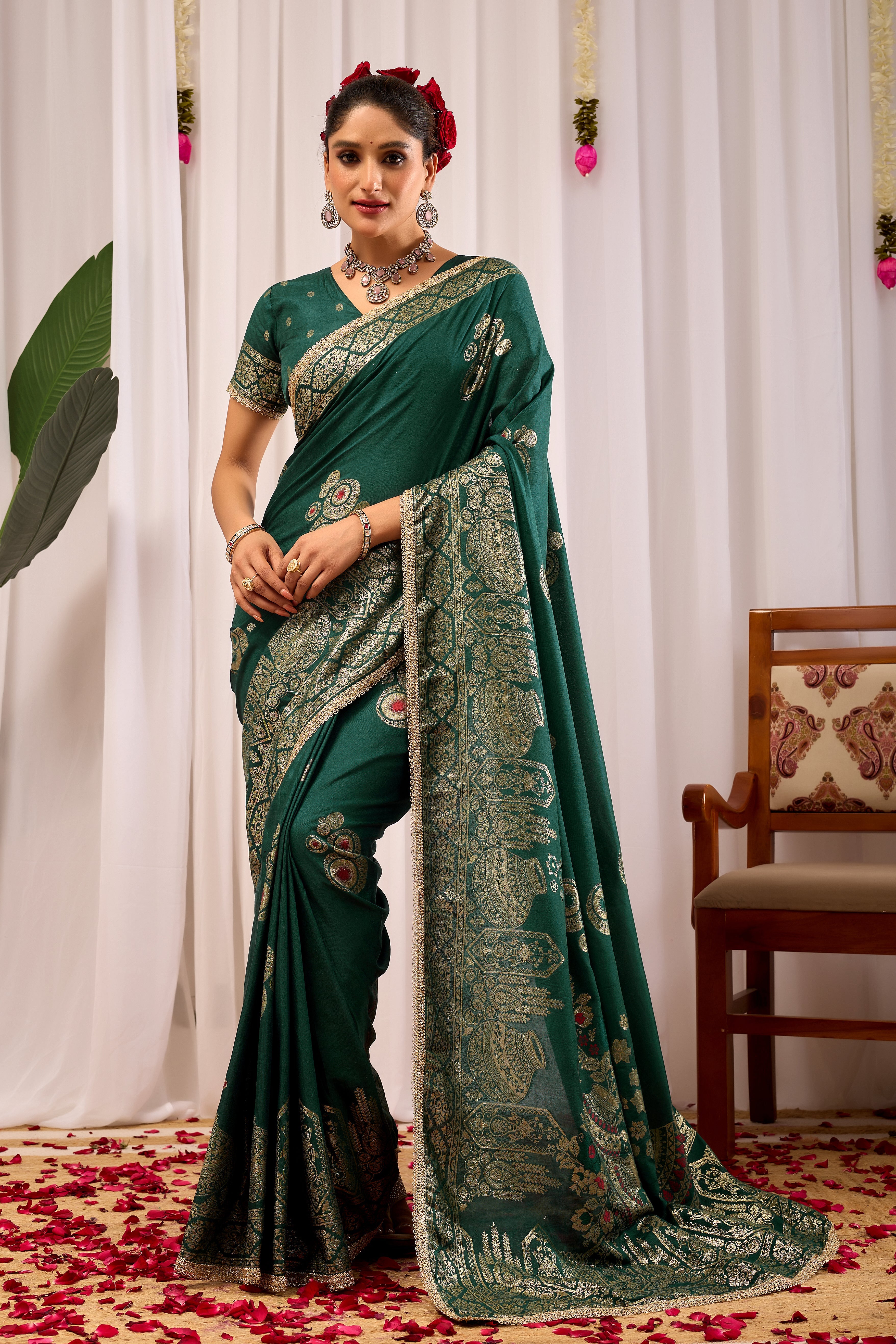 Emerald Royale satin Silk Saree with Antique Gold Zari Paisley Weaving