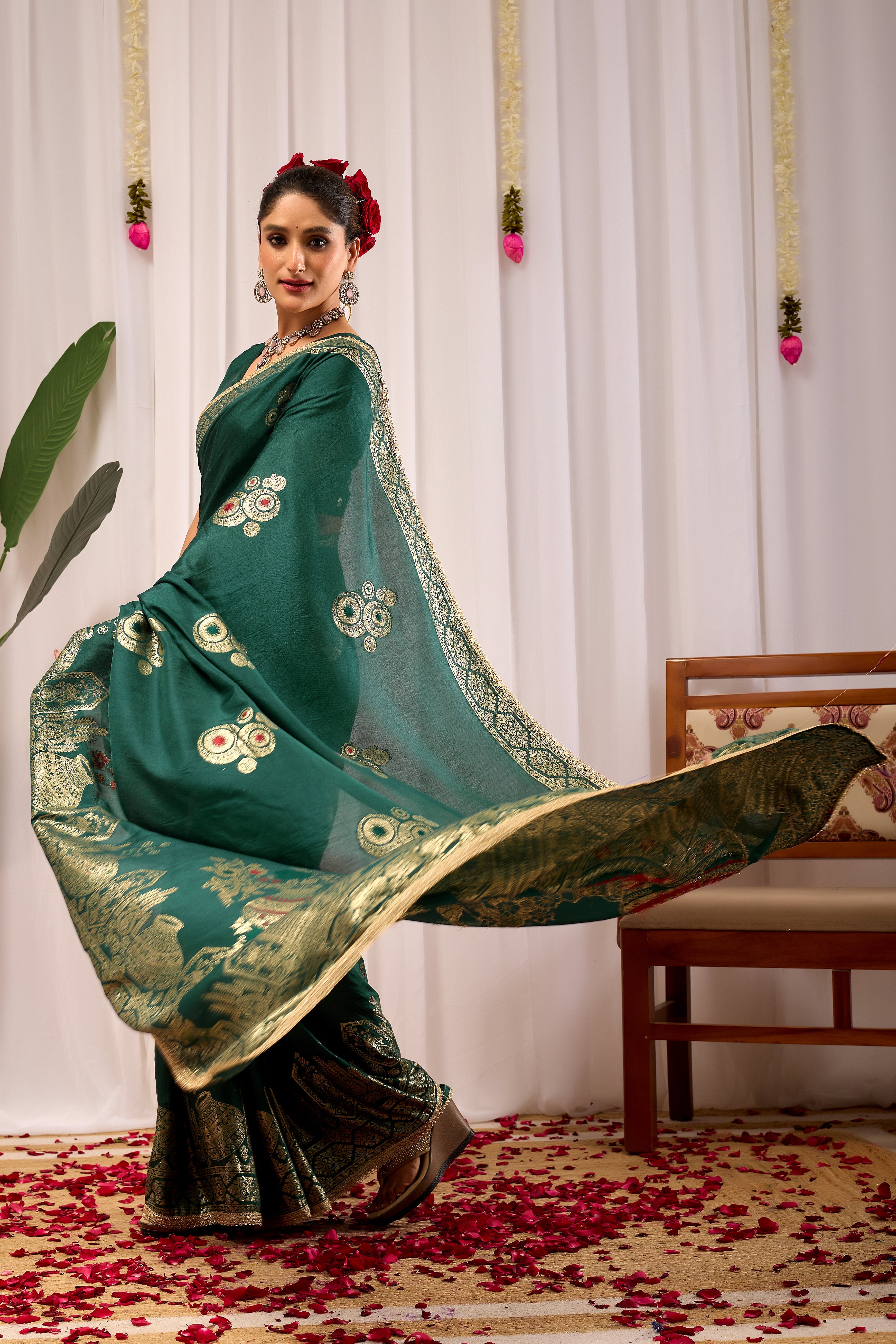 Emerald Royale satin Silk Saree with Antique Gold Zari Paisley Weaving