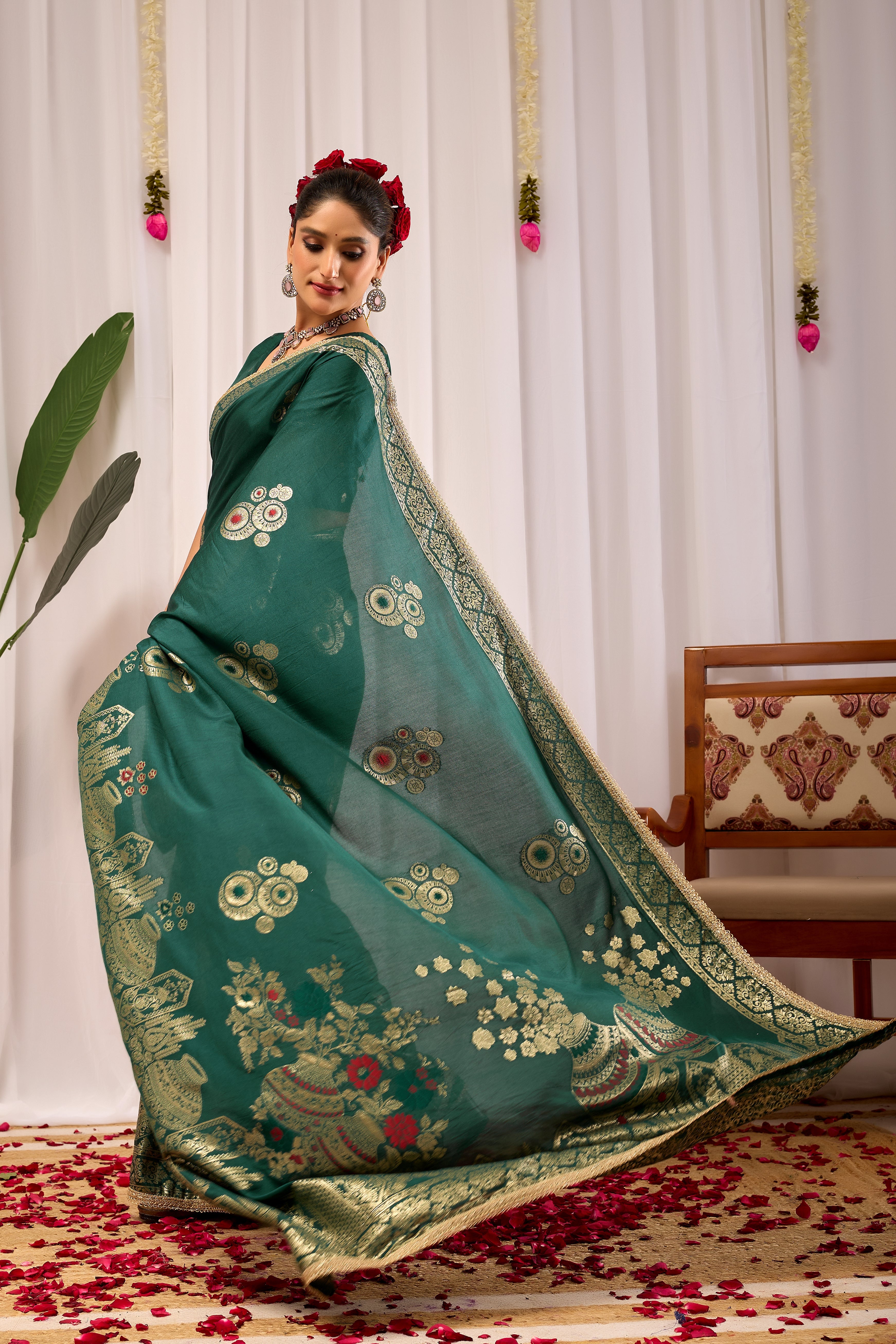 Emerald Royale satin Silk Saree with Antique Gold Zari Paisley Weaving