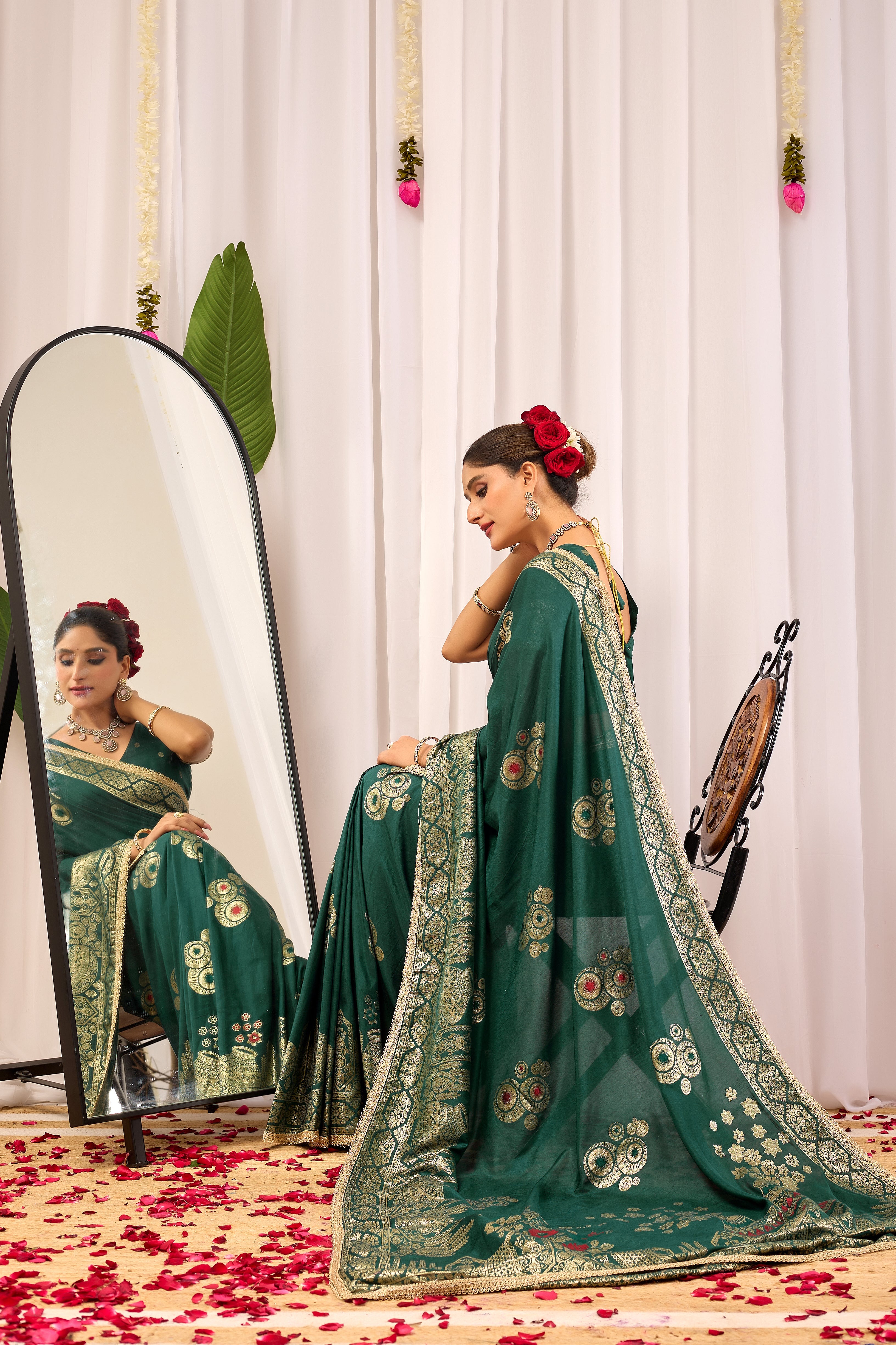 Emerald Royale satin Silk Saree with Antique Gold Zari Paisley Weaving