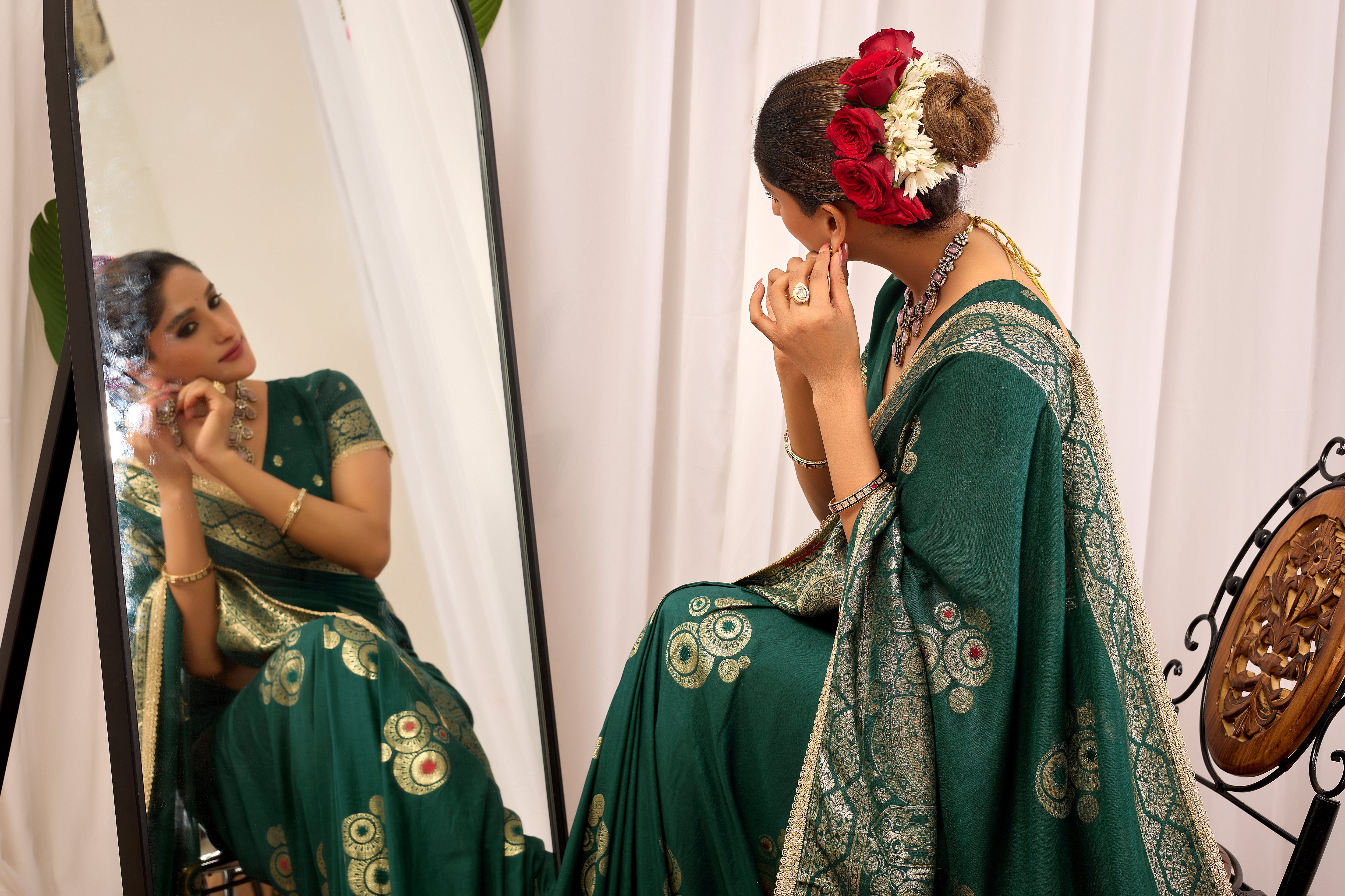 Emerald Royale satin Silk Saree with Antique Gold Zari Paisley Weaving