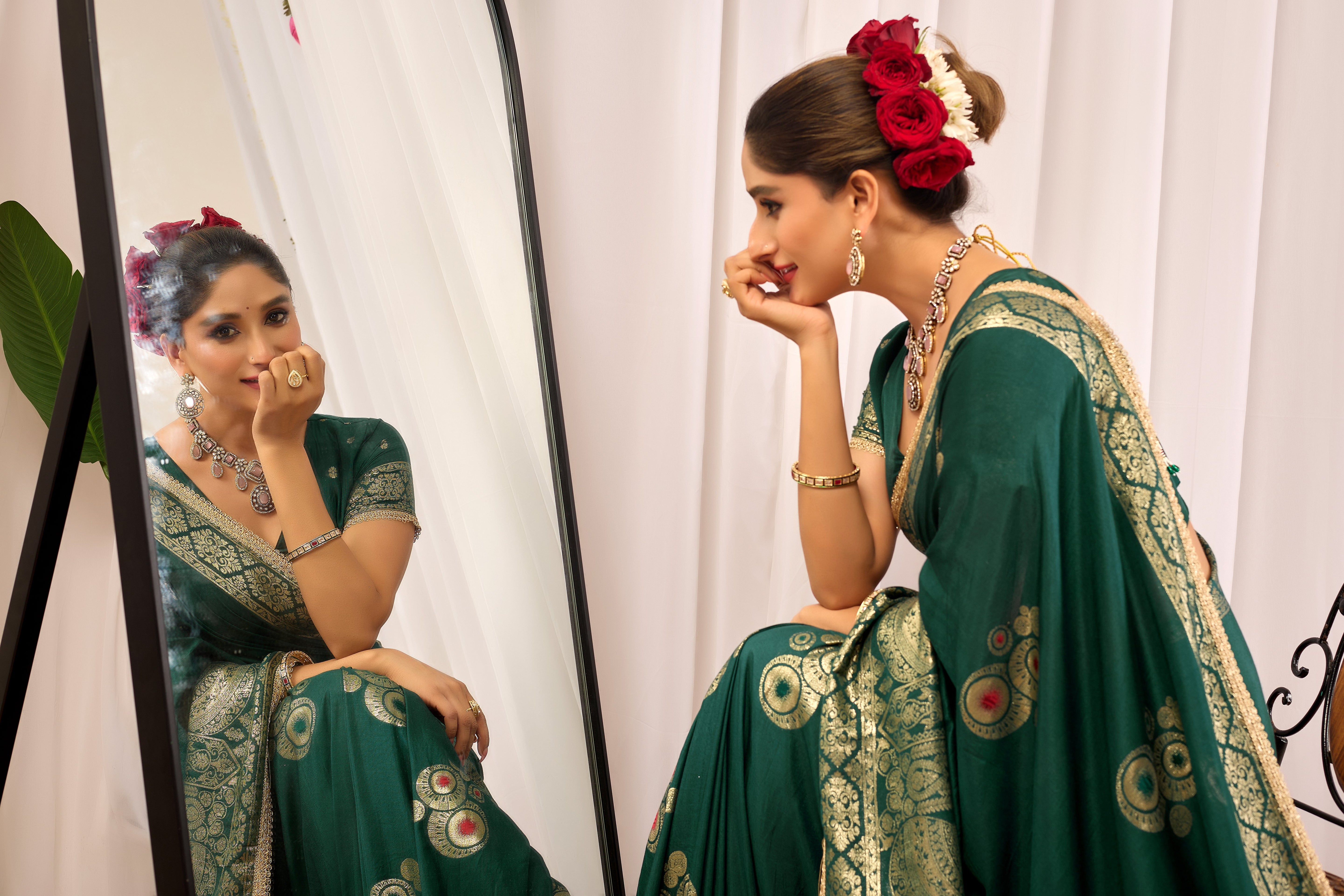 Emerald Royale satin Silk Saree with Antique Gold Zari Paisley Weaving