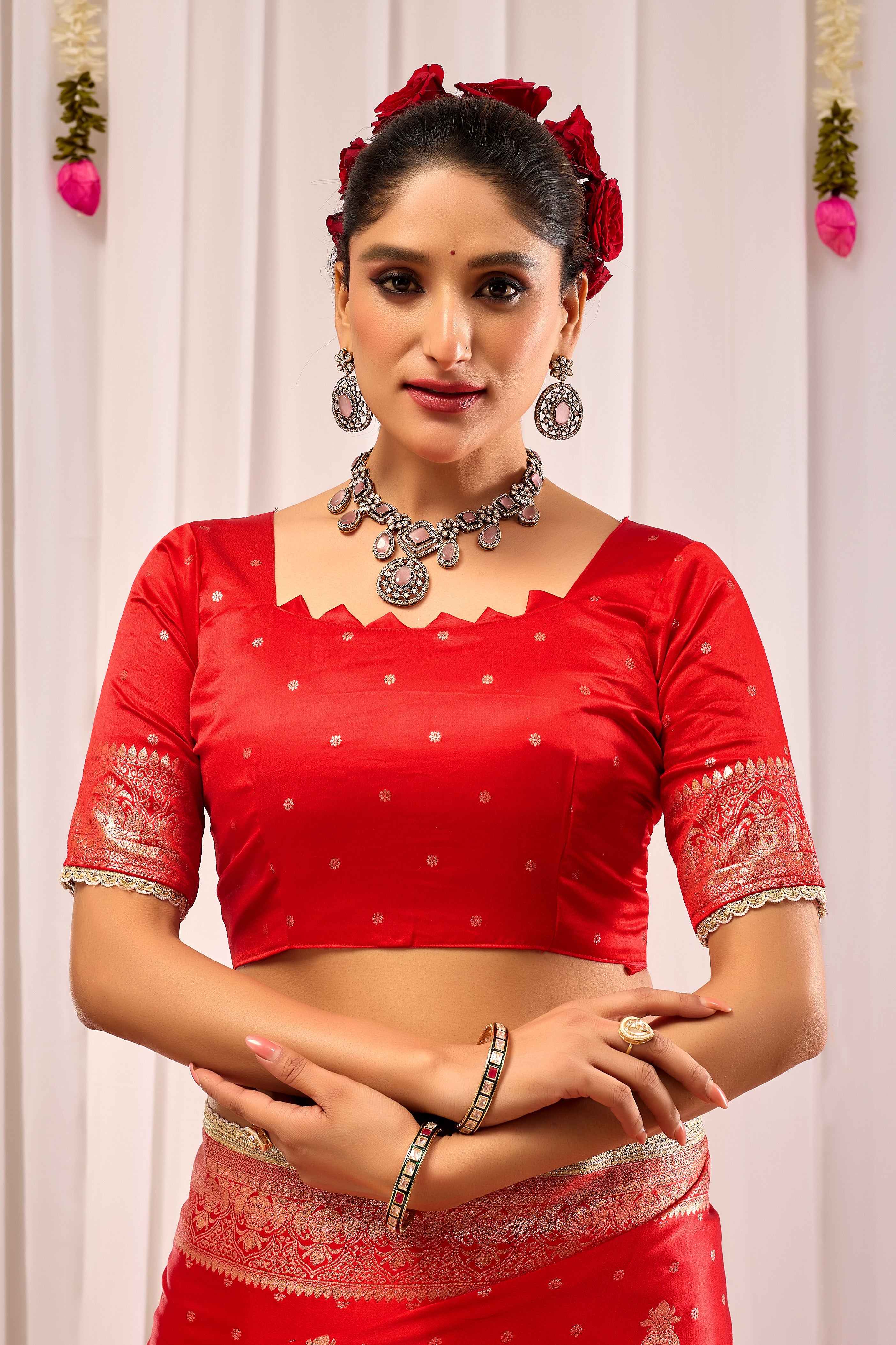 Sindoor Elegance – Crimson Red Satin Silk Saree with Heritage Gold Zari Weaving