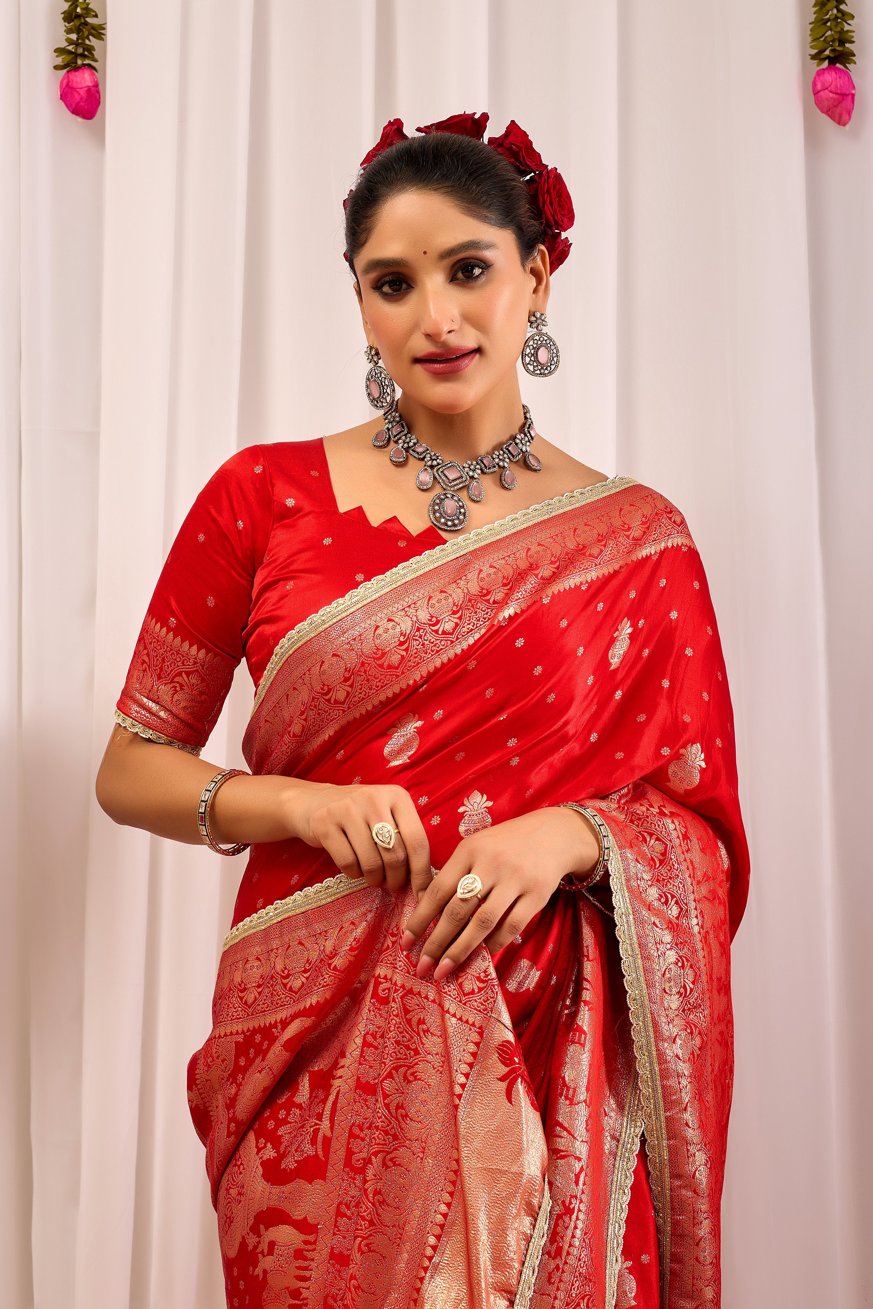 Sindoor Elegance – Crimson Red Satin Silk Saree with Heritage Gold Zari Weaving
