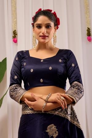 Midnight Royal Deep Navy Blue Satin Silk Saree with Antique Gold Zari Weaving