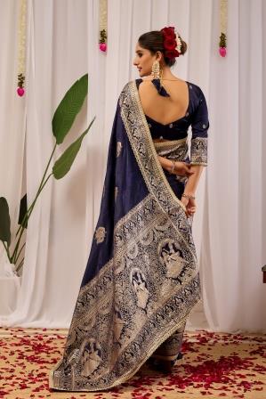 Midnight Royal Deep Navy Blue Satin Silk Saree with Antique Gold Zari Weaving