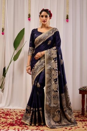 Midnight Royal Deep Navy Blue Satin Silk Saree with Antique Gold Zari Weaving
