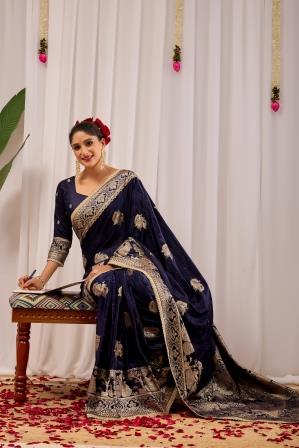Midnight Royal Deep Navy Blue Satin Silk Saree with Antique Gold Zari Weaving