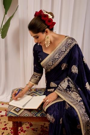 Midnight Royal Deep Navy Blue Satin Silk Saree with Antique Gold Zari Weaving