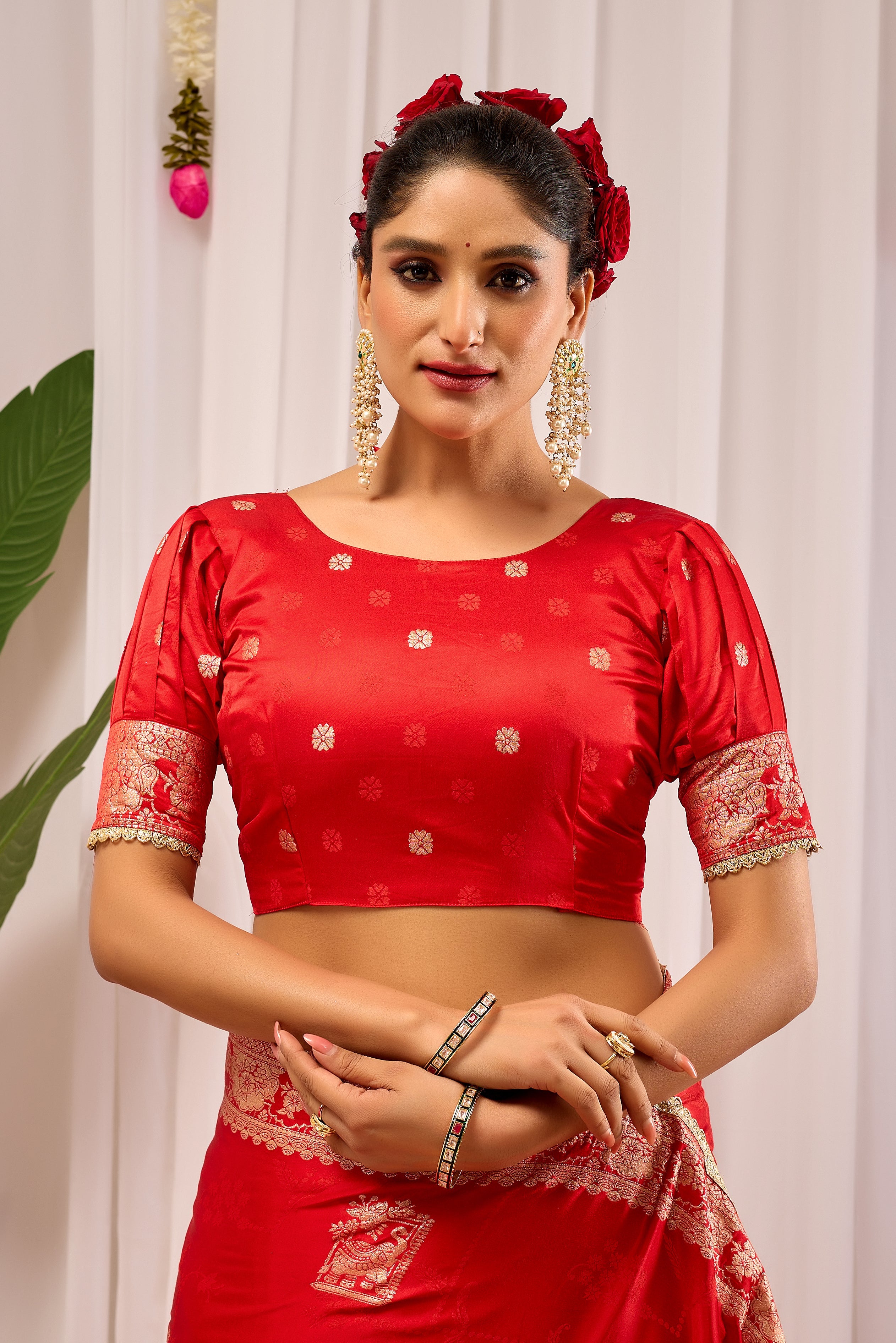 Suhaagan Splendour Crimson Red Satin Silk Saree with Grand Heritage Gold Zari Pallu