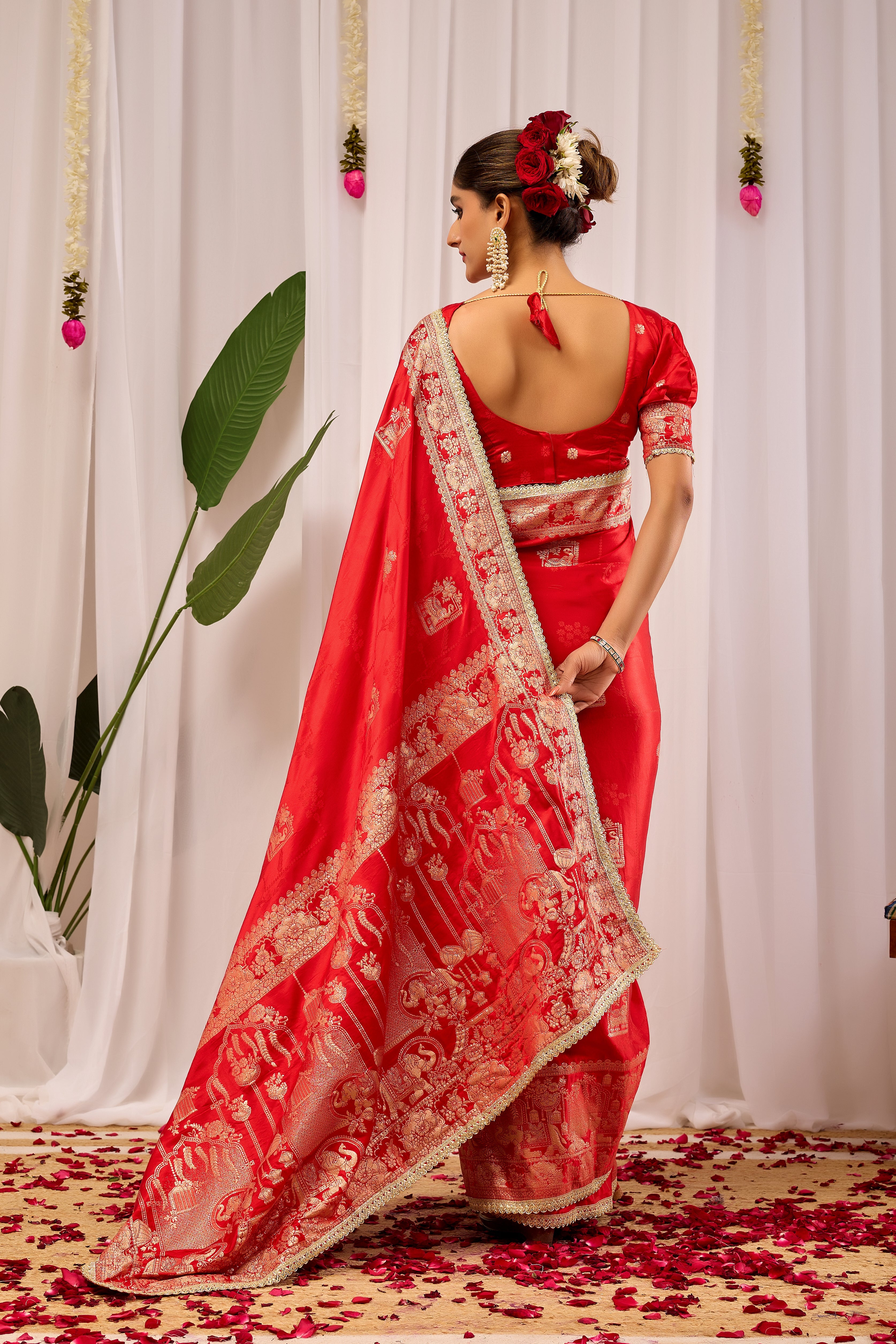 Suhaagan Splendour Crimson Red Satin Silk Saree with Grand Heritage Gold Zari Pallu