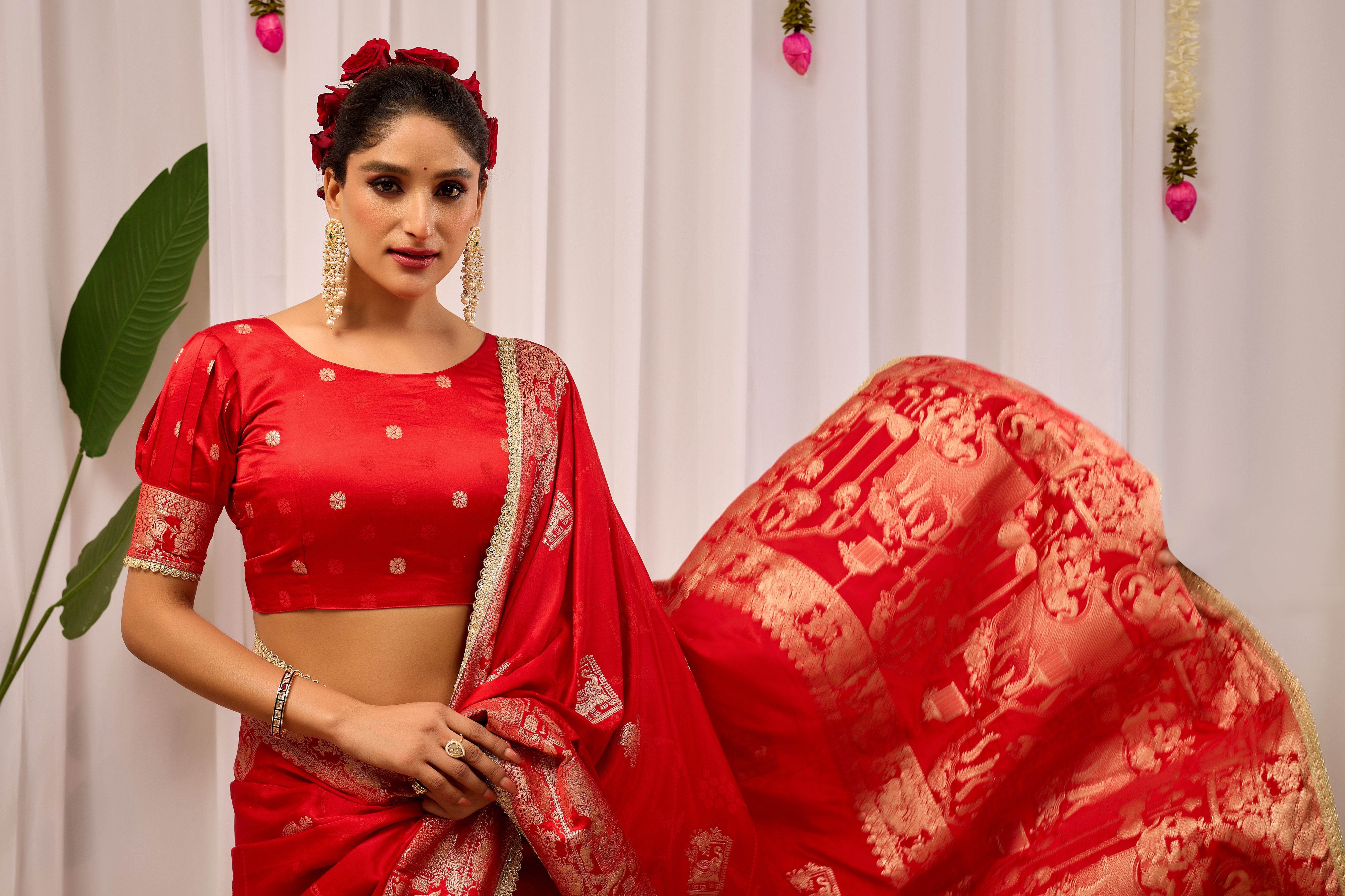 Suhaagan Splendour Crimson Red Satin Silk Saree with Grand Heritage Gold Zari Pallu